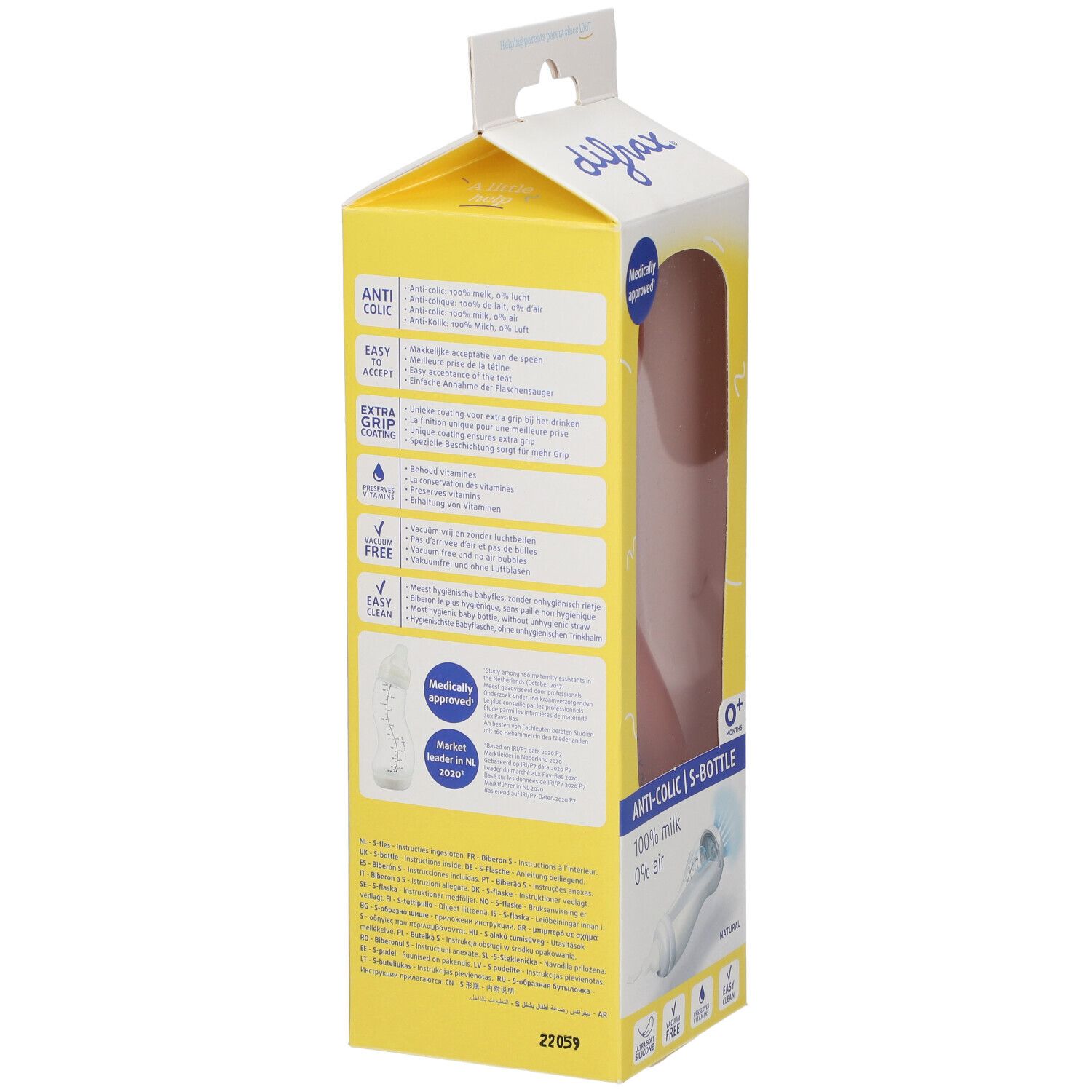 Rückseite der Babyflaschenverpackung. Gelbe Verpackung mit Produktinformationen und Illustrationen. "Anti-Colic" und "0+" sind sichtbar.