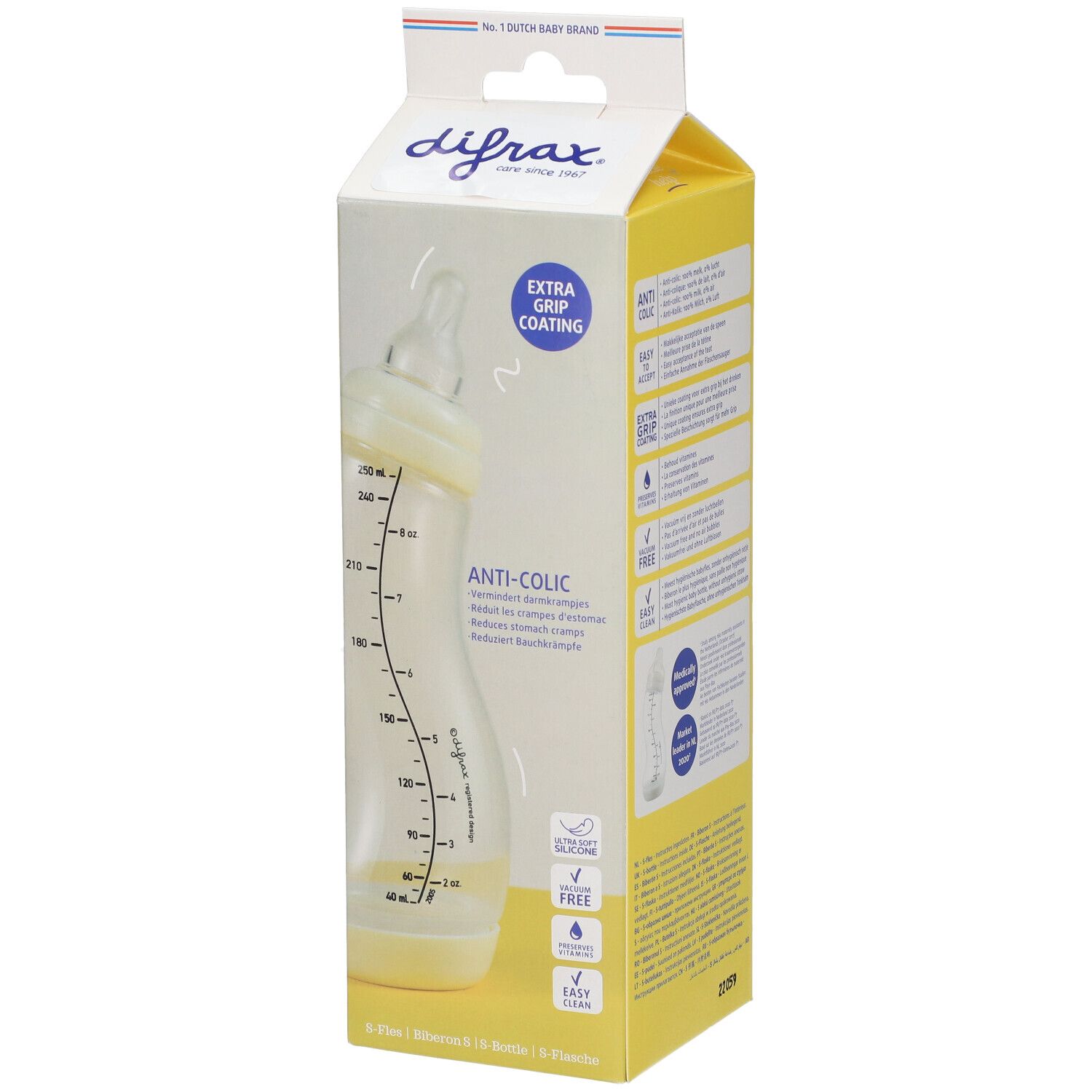 Babyflasche in Verpackung. Transparente Flasche mit Messskala, in gelb-weißer Verpackung. "Anti-Colic" und "0+" sind sichtbar.