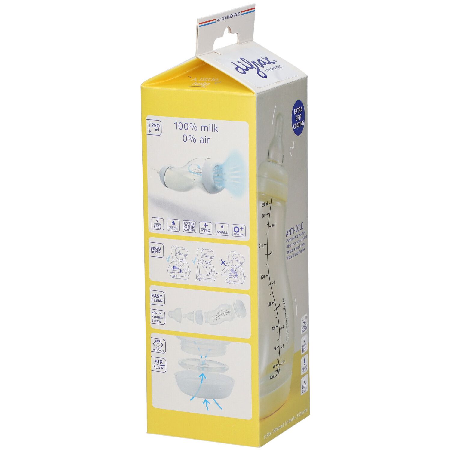 Babyflasche in Verpackung. Transparente Flasche mit Messskala, in gelb-weißer Verpackung. "Anti-Colic" und "0+" sind sichtbar.