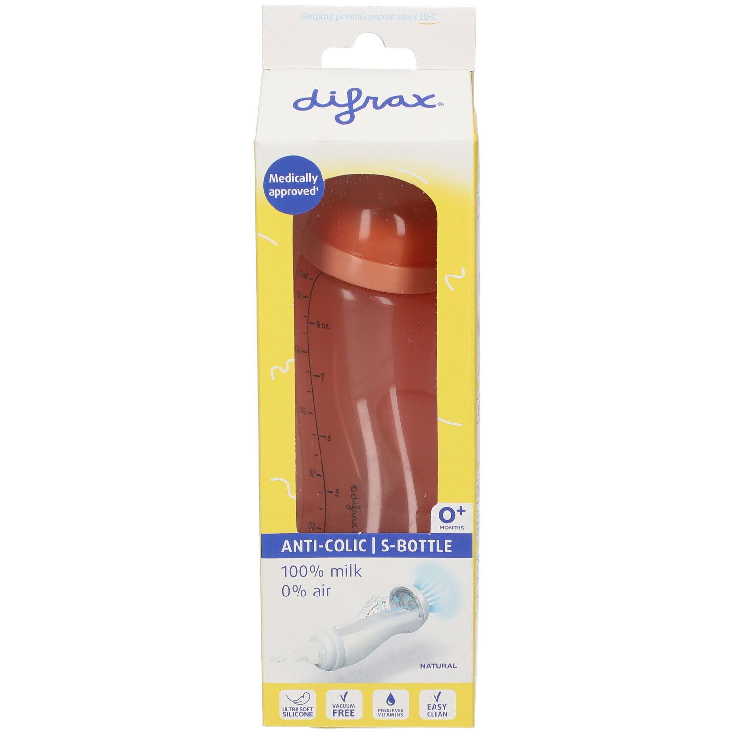 Babyflasche in Verpackung. Orangefarbene Flasche mit Deckel, in gelb-weißer Verpackung. "Anti-Colic" und "0+" auf der Verpackung.