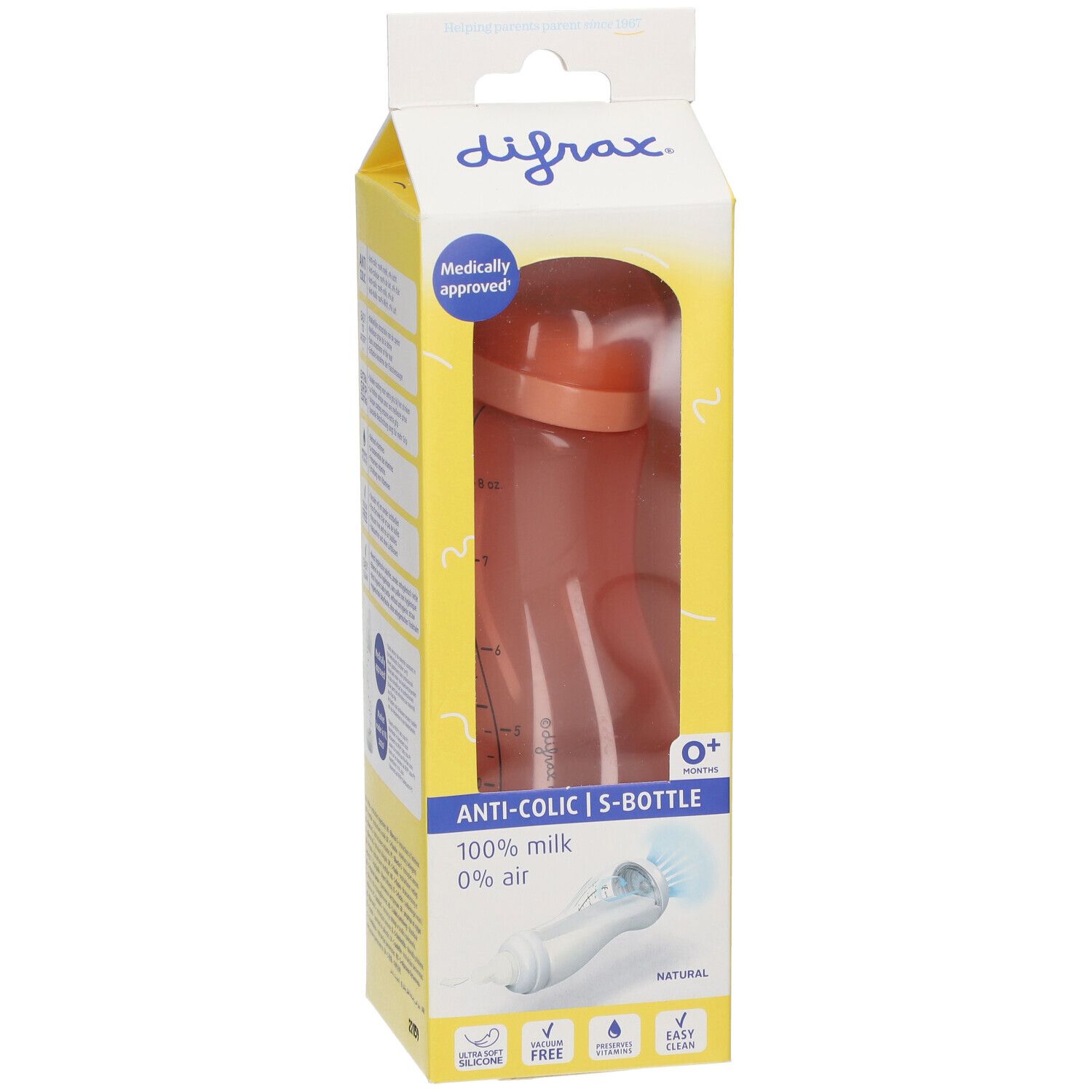 Babyflasche in Verpackung. Orangefarbene Flasche mit Deckel, in gelb-weißer Verpackung. "Anti-Colic" und "0+" auf der Verpackung.