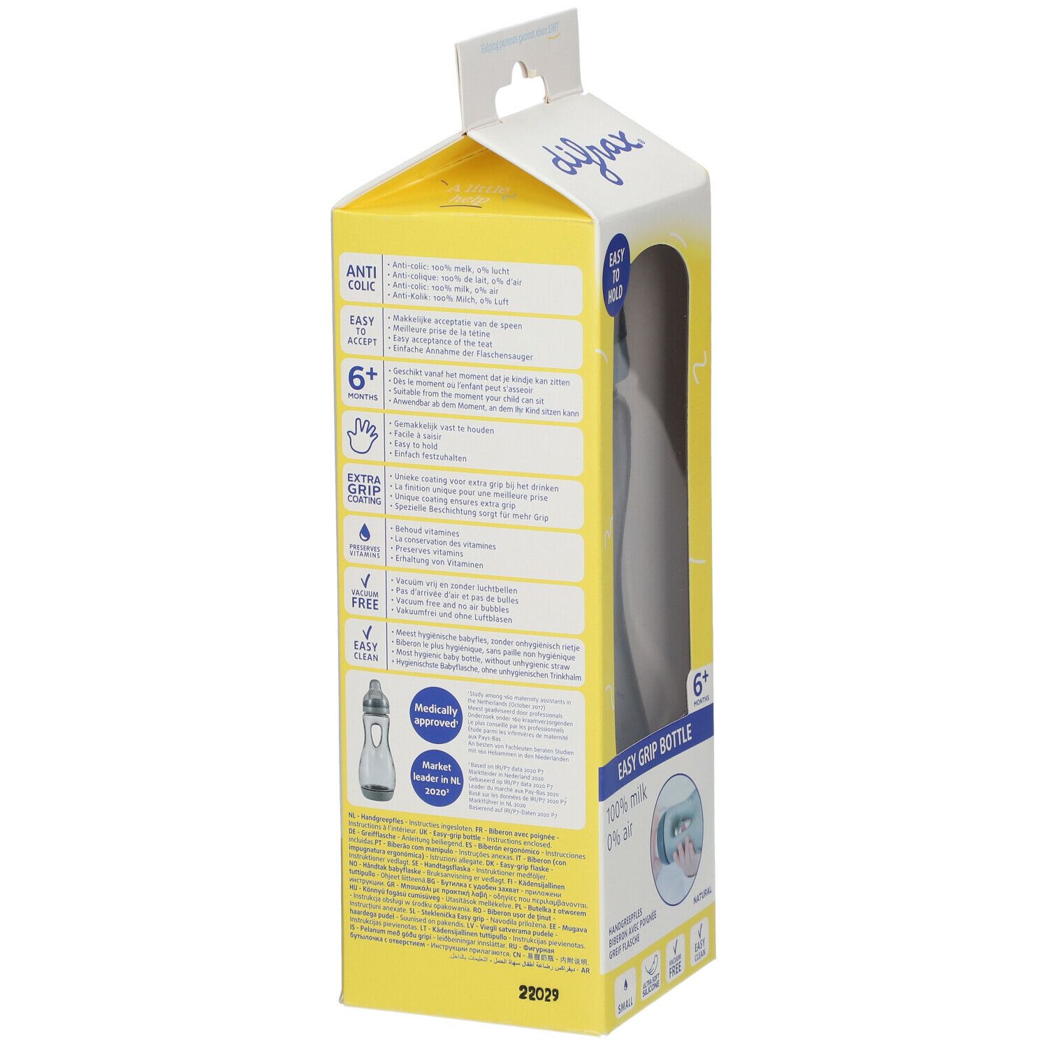 Gele verpakking met babyfles. Opschriften: Anti-koliek, 6+ maanden, Extra Grip, BPA-vrij, Easy Clean. Tekst op achterkant.