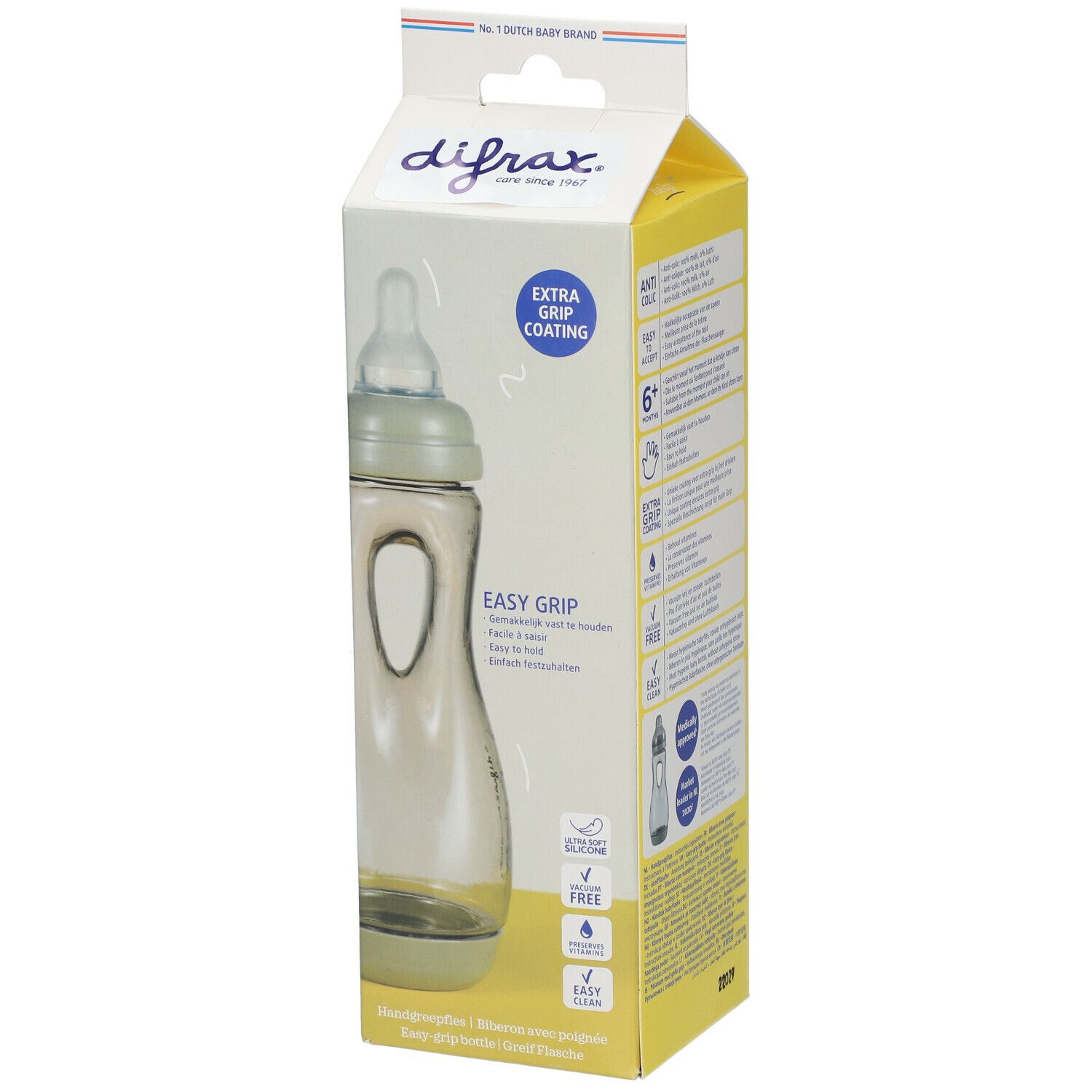 Babyfles in verpakking. Fles met groene speen en handgreep. Opschrift: Easy Grip, Extra Grip Coating. Tekst op achterkant.