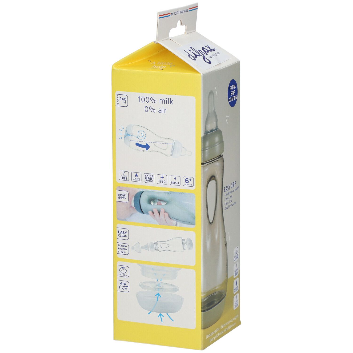 Verpakking met babyfles. Illustraties tonen functies. Opschrift: 240 ml, 100% melk, 0% lucht, Easy Grip, 6+ maanden.