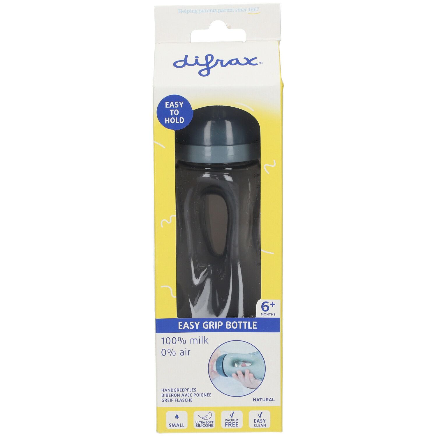 Babyfles in gele verpakking. Donkergrijze fles met handgrepen. Opschrift: Easy Grip Bottle, 6+, 100% melk, 0% lucht.