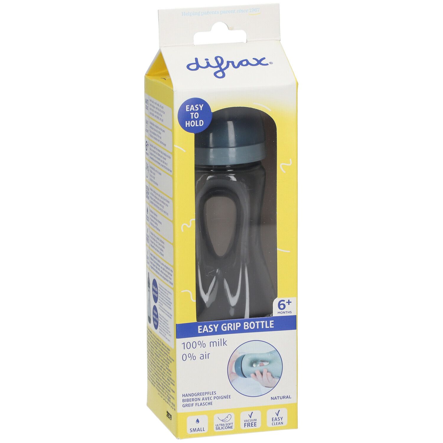 Babyfles in gele verpakking. Donkergrijze fles met handgrepen. Opschrift: Easy Grip Bottle, 6+, 100% melk, 0% lucht.