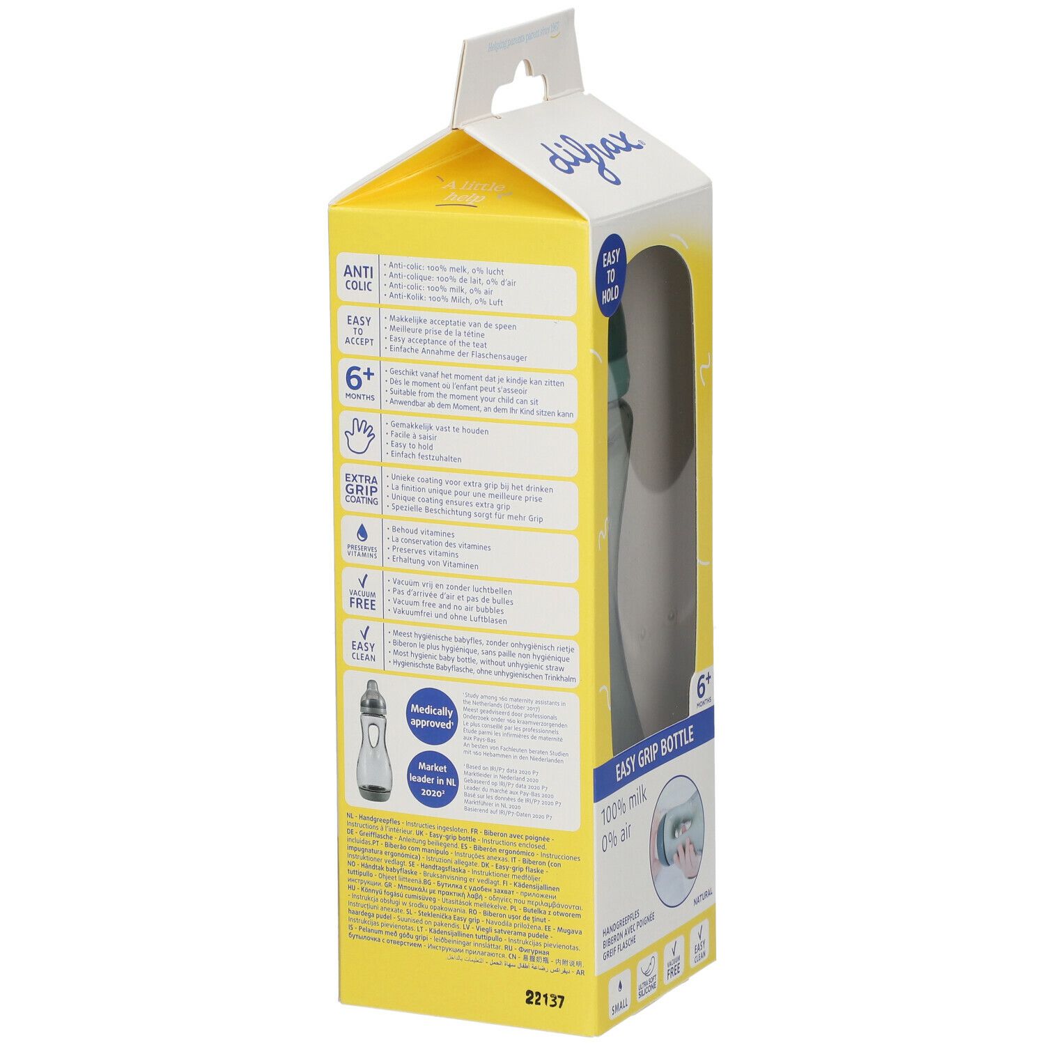 Rückseite der DIFRAX® Easy Grip Babyflaschen-Verpackung. Textinformationen, Produktabbildung, gelber Hintergrund, weißer Deckel. 6+ Monate.