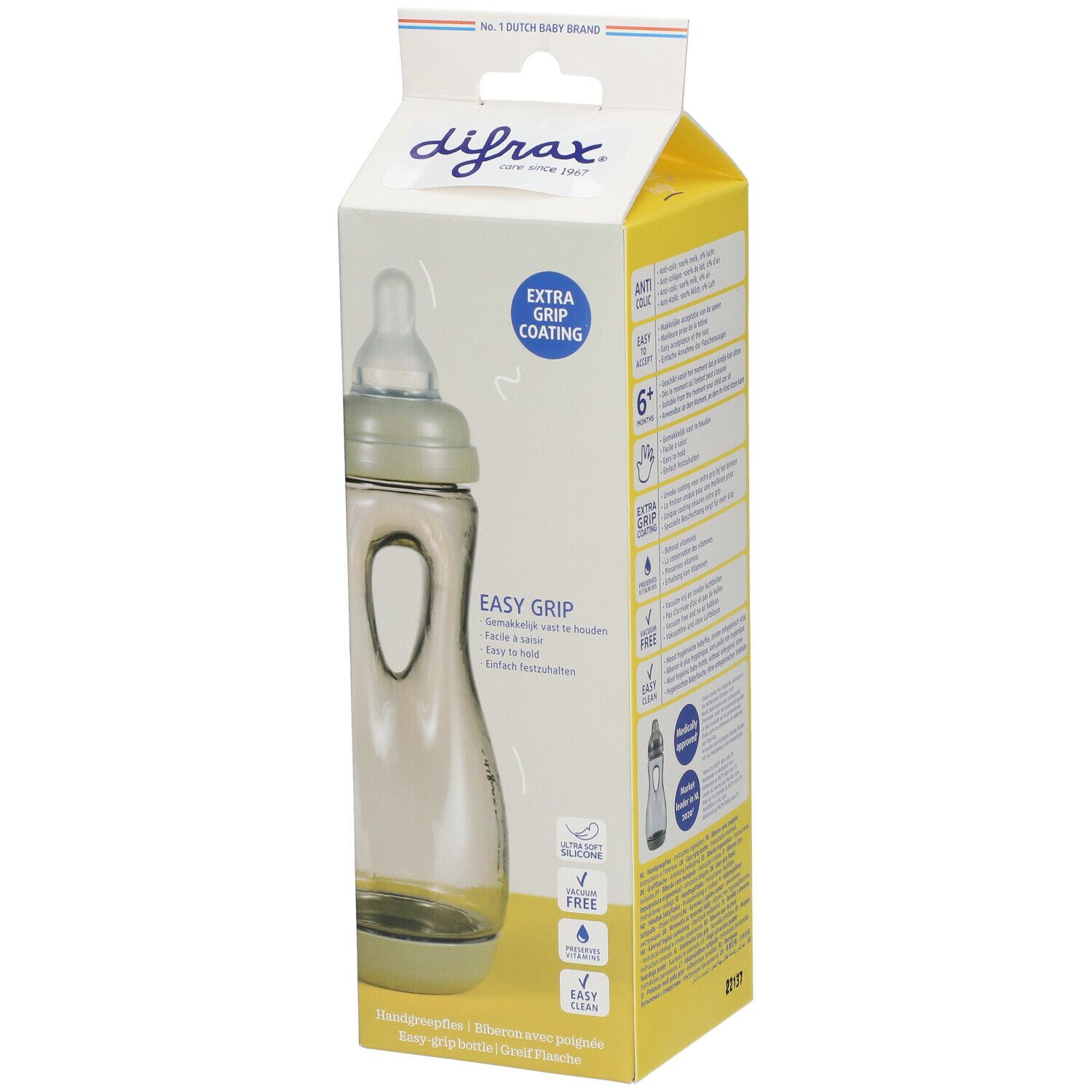 DIFRAX® Easy Grip Babyflasche in Verpackung. Flasche mit Sauger, transparentem Körper und Griffmulden. 6+ Monate. Extra Grip Coating.