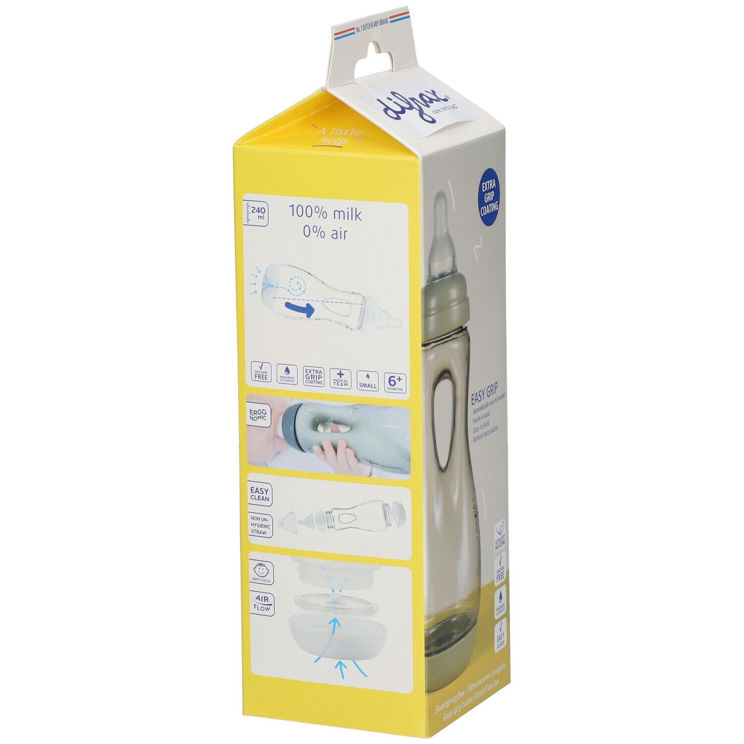 DIFRAX® Easy Grip Babyflasche in Verpackung. Flasche mit Sauger, transparentem Körper und Griffmulden. 6+ Monate. 100% Milch, 0% Luft.