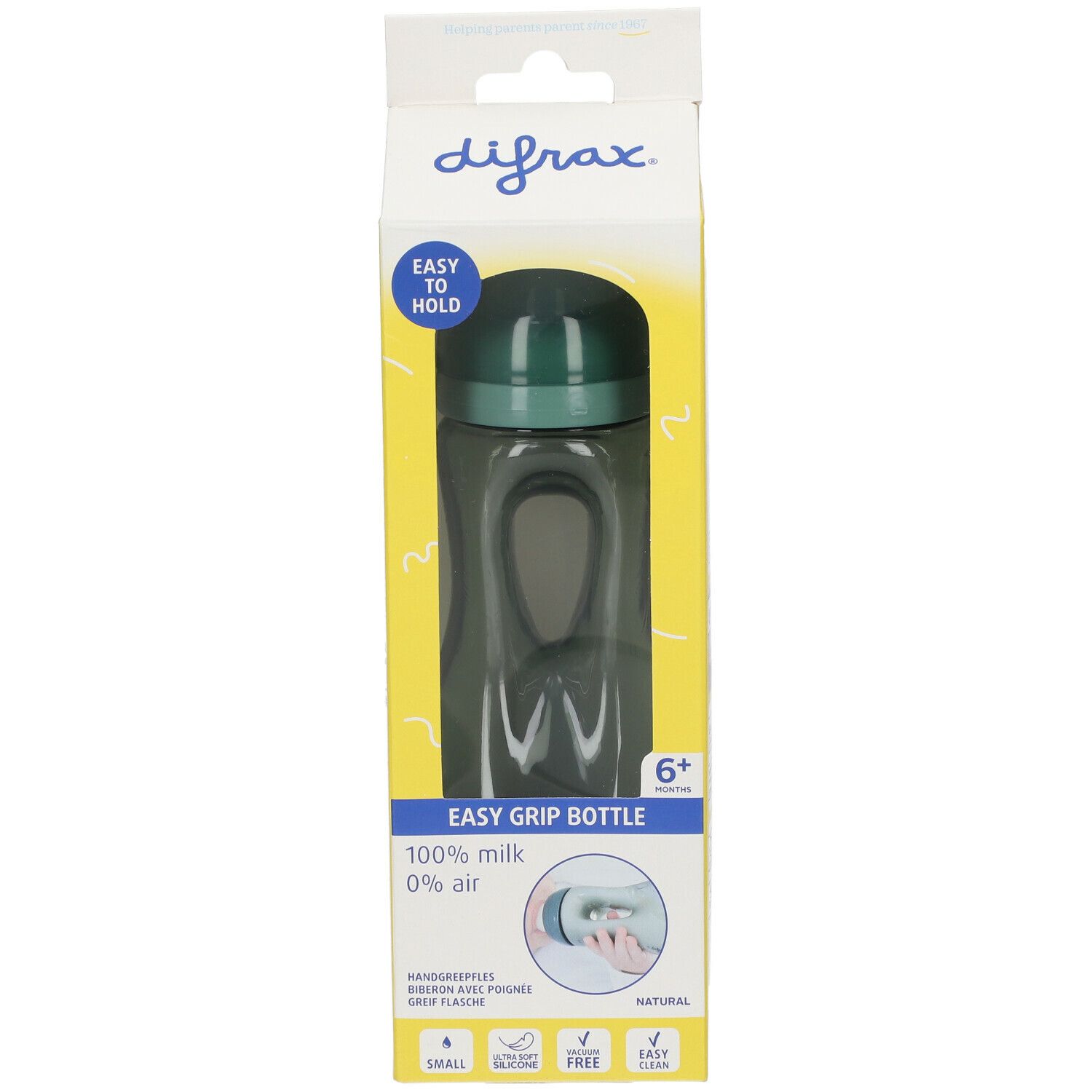 DIFRAX® Easy Grip Babyflasche in Verpackung. Flasche mit grünem Deckel, transparentem Körper und Griffmulden. 6+ Monate. 100% Milch, 0% Luft.