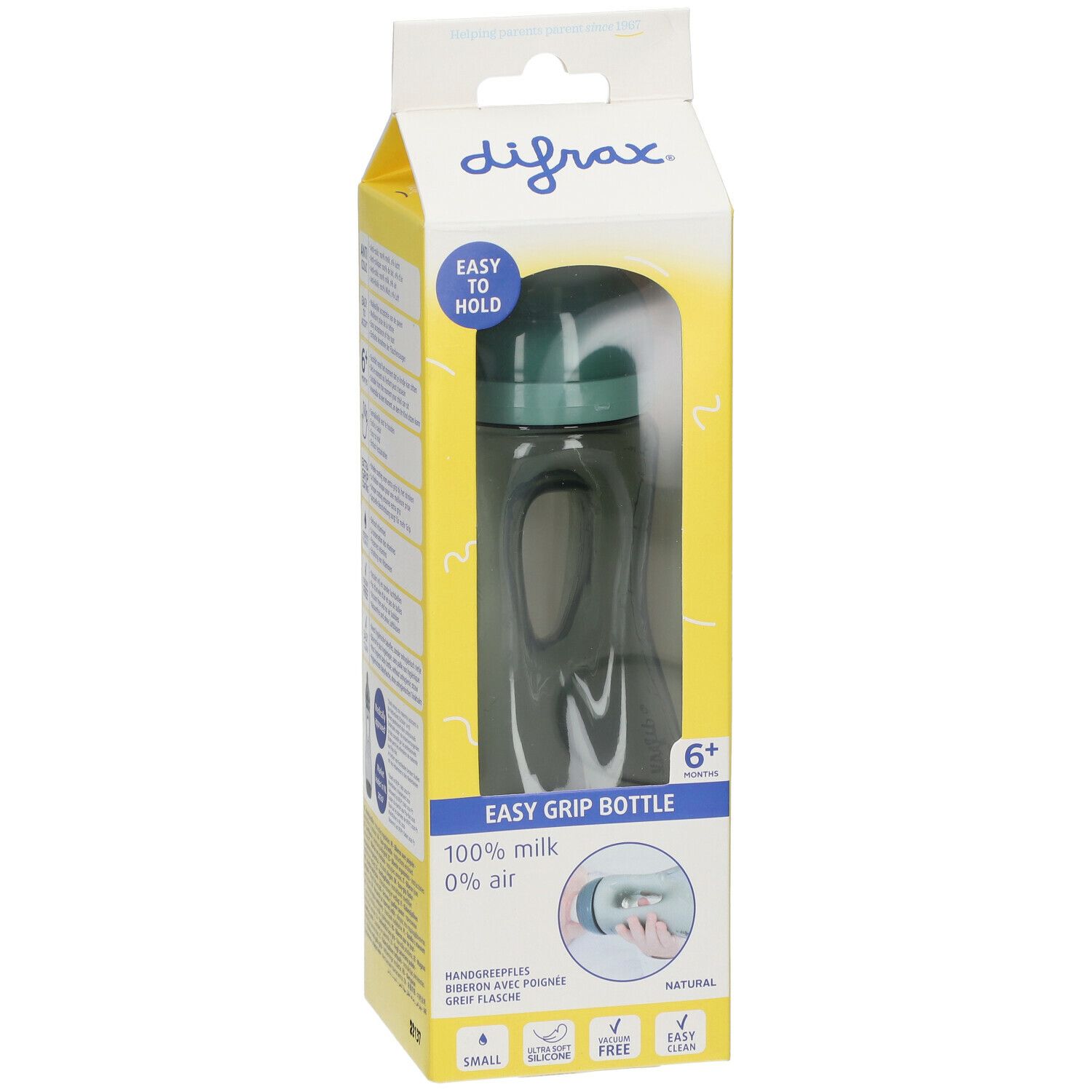 DIFRAX® Easy Grip Babyflasche in Verpackung. Flasche mit grünem Deckel, transparentem Körper und Griffmulden. 6+ Monate. 100% Milch, 0% Luft.
