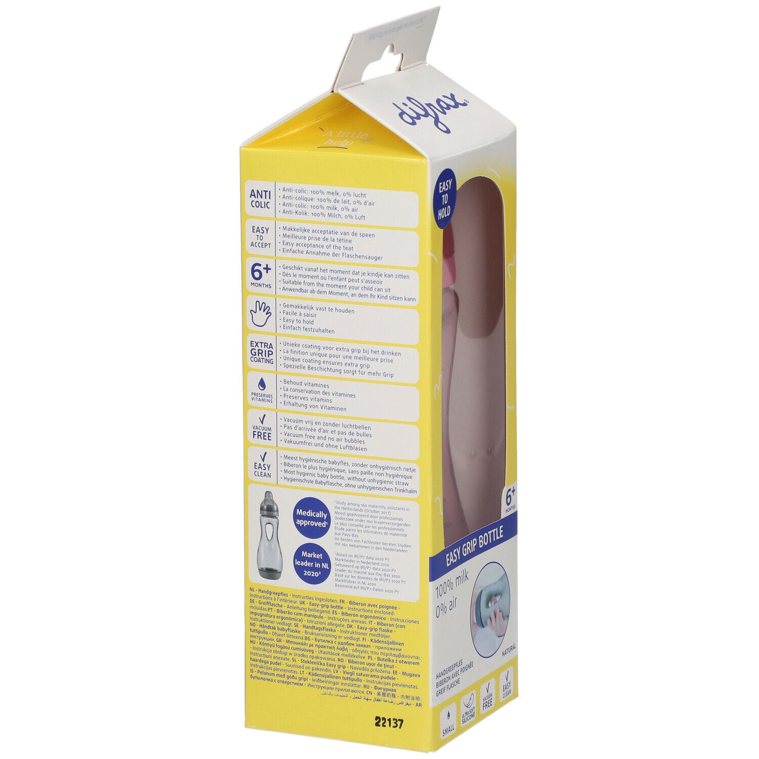 Dos de l'emballage jaune. Texte: Anti-colique, Easy Grip, 6+ mois, Extra Grip, sans BPA, facile à nettoyer. Approuvé médicalement.