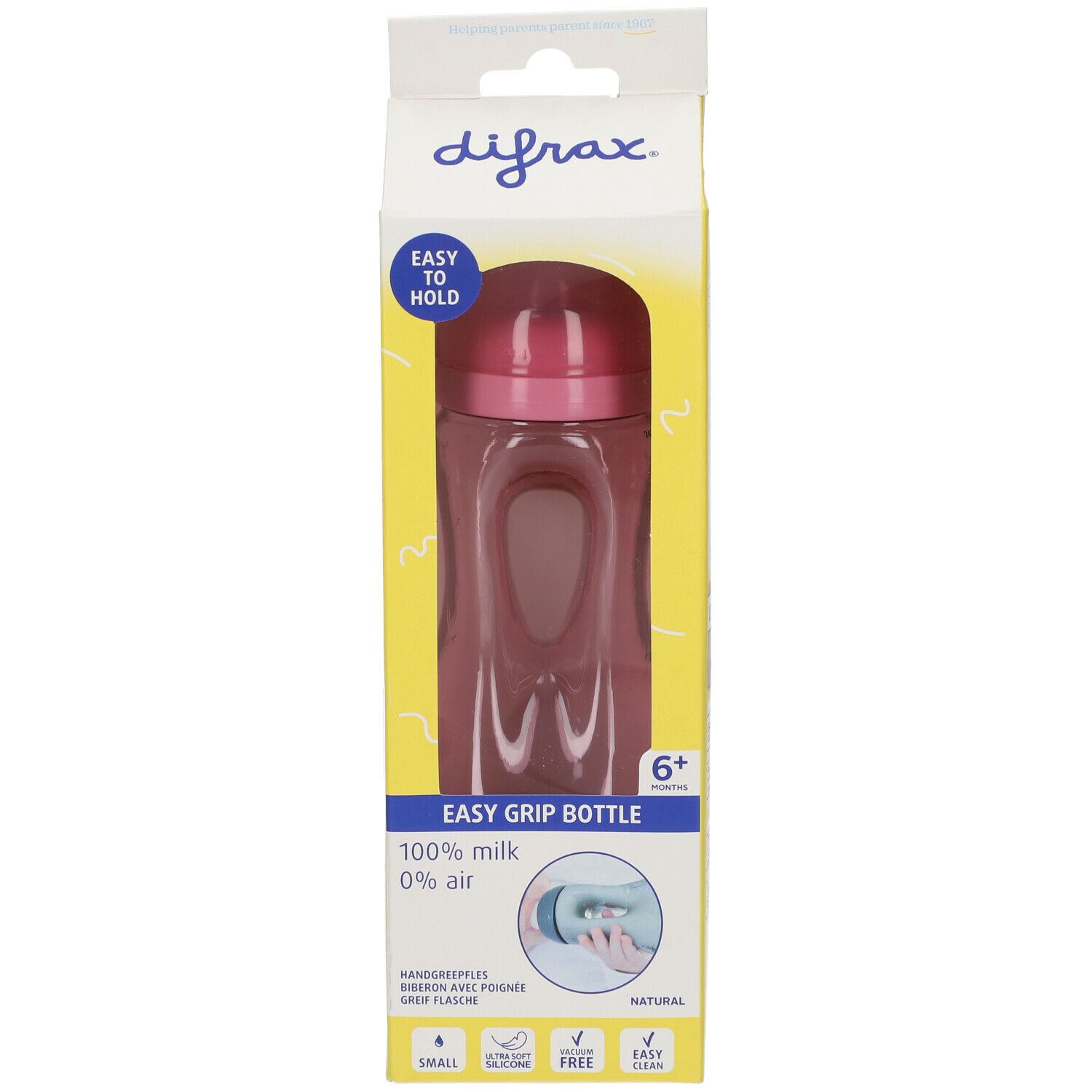 Biberon dans un emballage jaune. Visible: Biberon avec poignée, bouchon rose. Inscription: Easy Grip Bottle, 6+ mois.