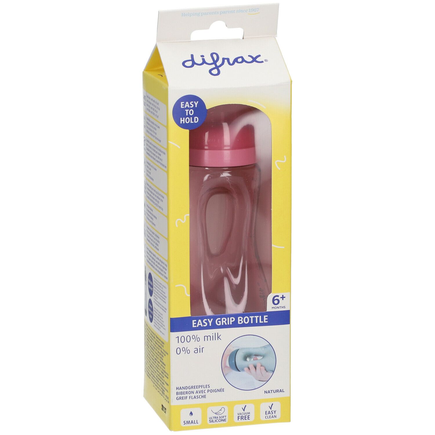 Biberon dans un emballage jaune. Visible: Biberon avec poignée, bouchon rose. Inscription: Easy Grip Bottle, 6+ mois.