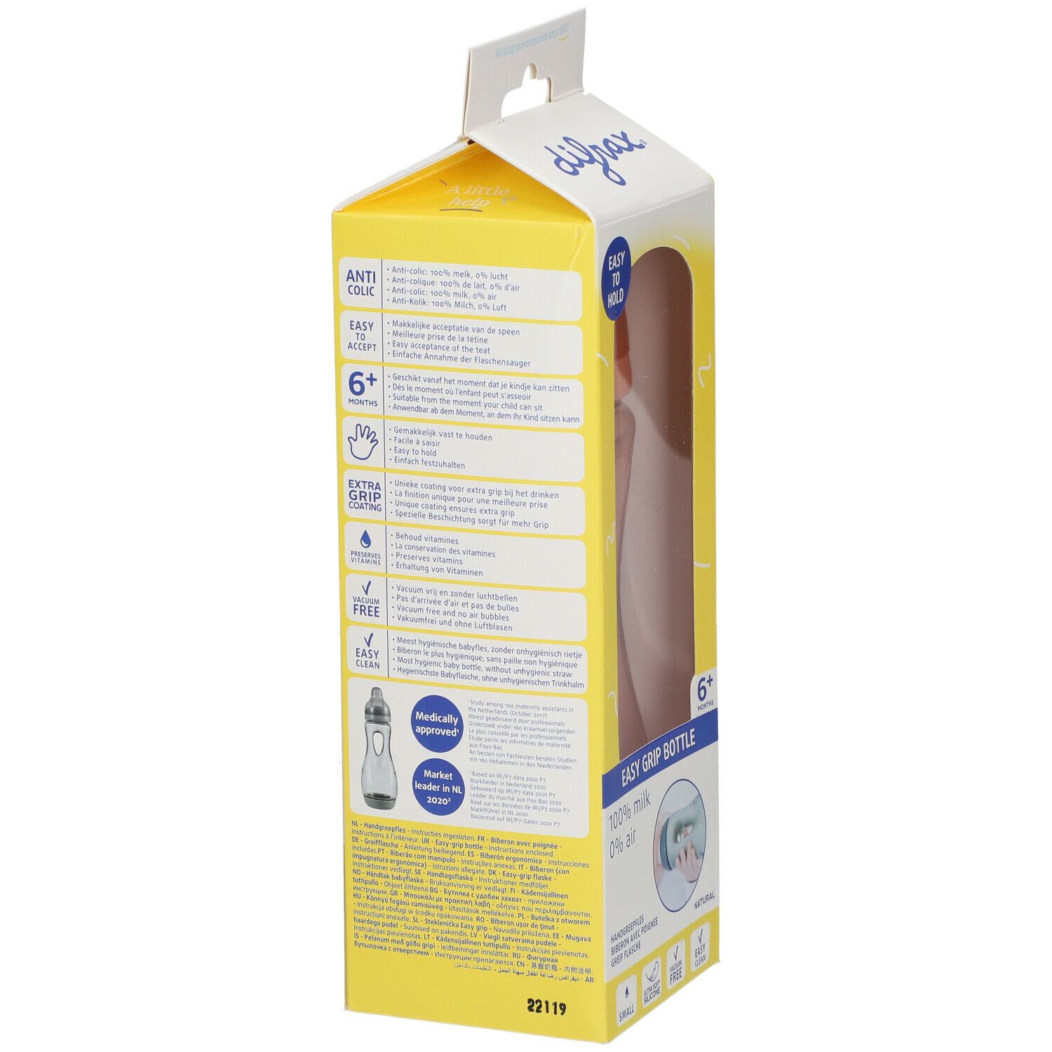 Rückseite der Babyflaschen-Verpackung. Text: Anti-Kolik, Easy to hold, 6+ Monate, Extra Grip Coating. Medizinisch geprüft.