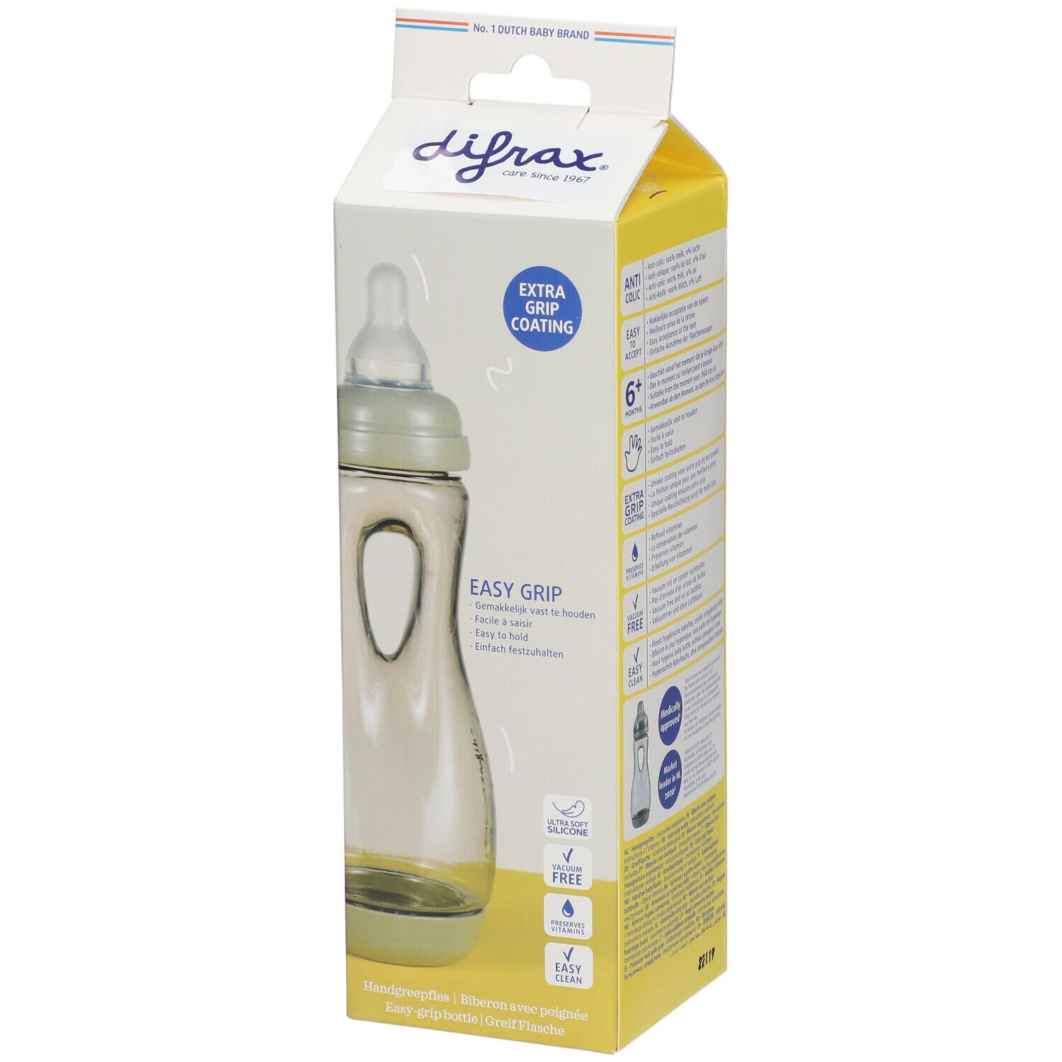 Babyflasche in Verpackung. Transparente Flasche mit grünem Deckel. Text: Easy Grip Bottle, Extra Grip Coating. Ab 6 Monaten.