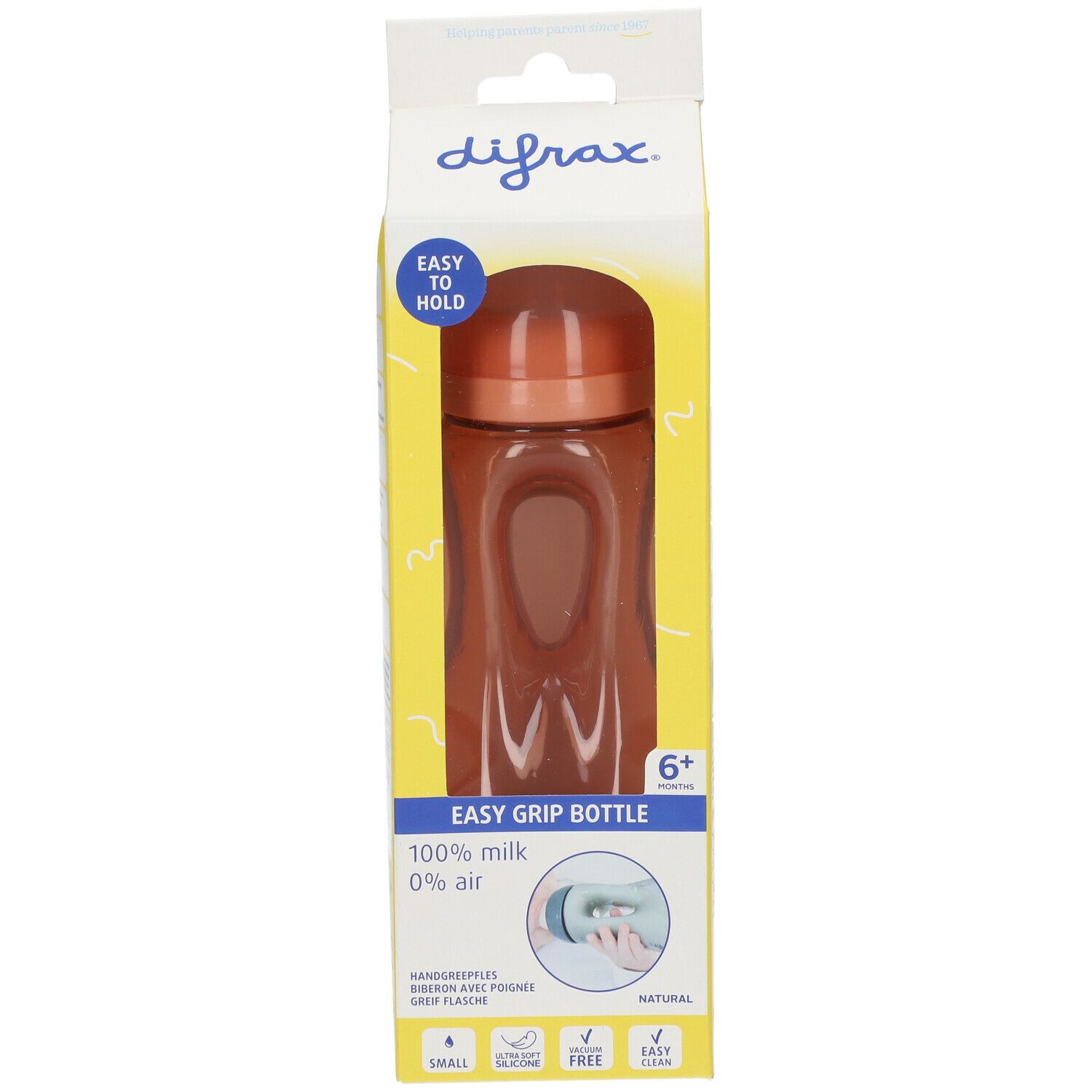 Babyflasche in Verpackung. Orangefarbene Flasche mit Griff. Text: Easy Grip Bottle, 100% milk, 0% air. Ab 6 Monaten.
