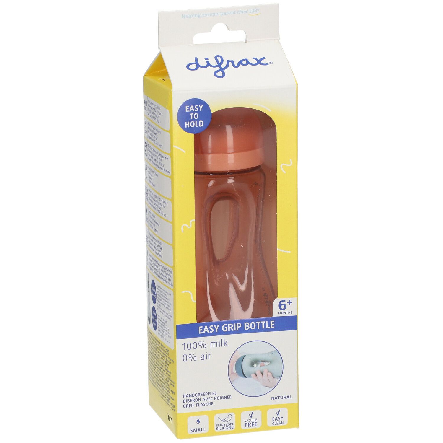 Babyflasche in Verpackung. Orangefarbene Flasche mit Griff. Text: Easy Grip Bottle, 100% milk, 0% air. Ab 6 Monaten.