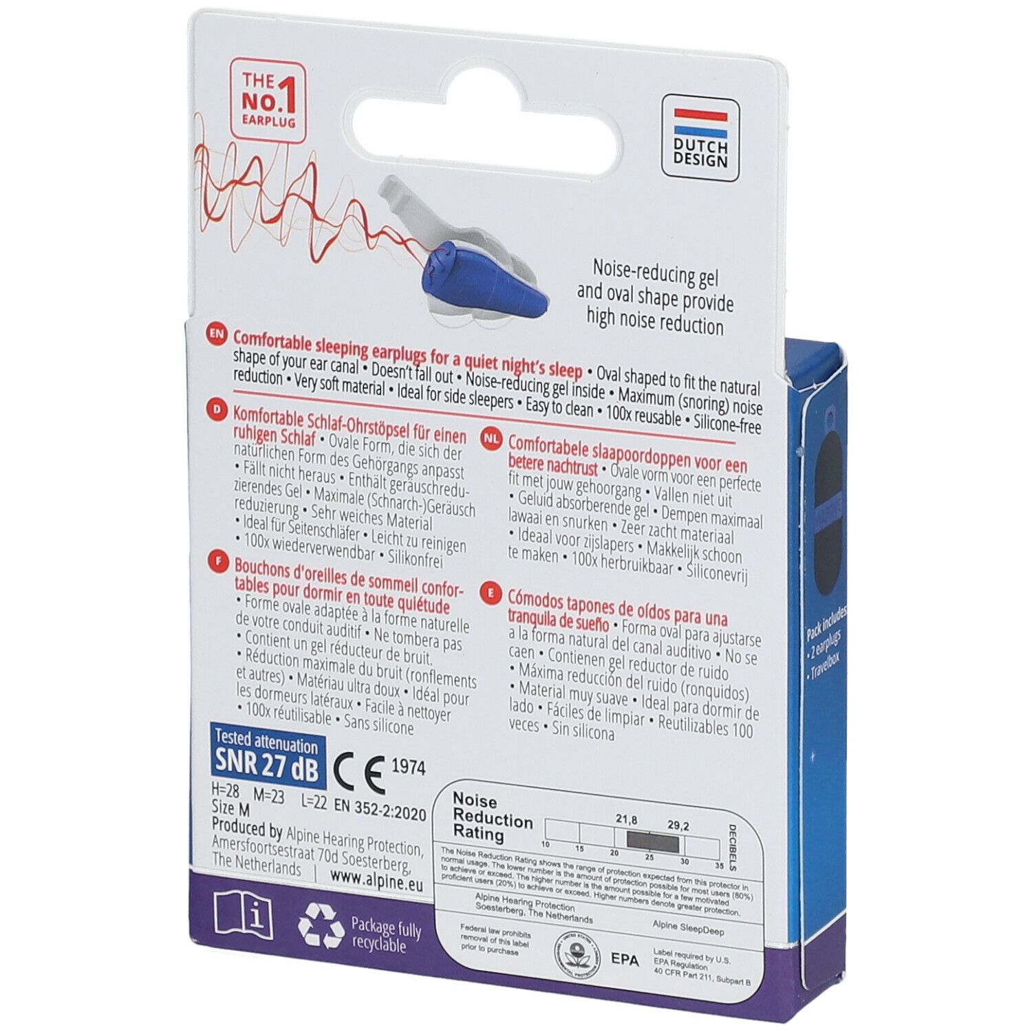 Dos de la boîte Alpine SleepDeep. Texte multilingue. Informations sur les bouchons d'oreille et certifications.