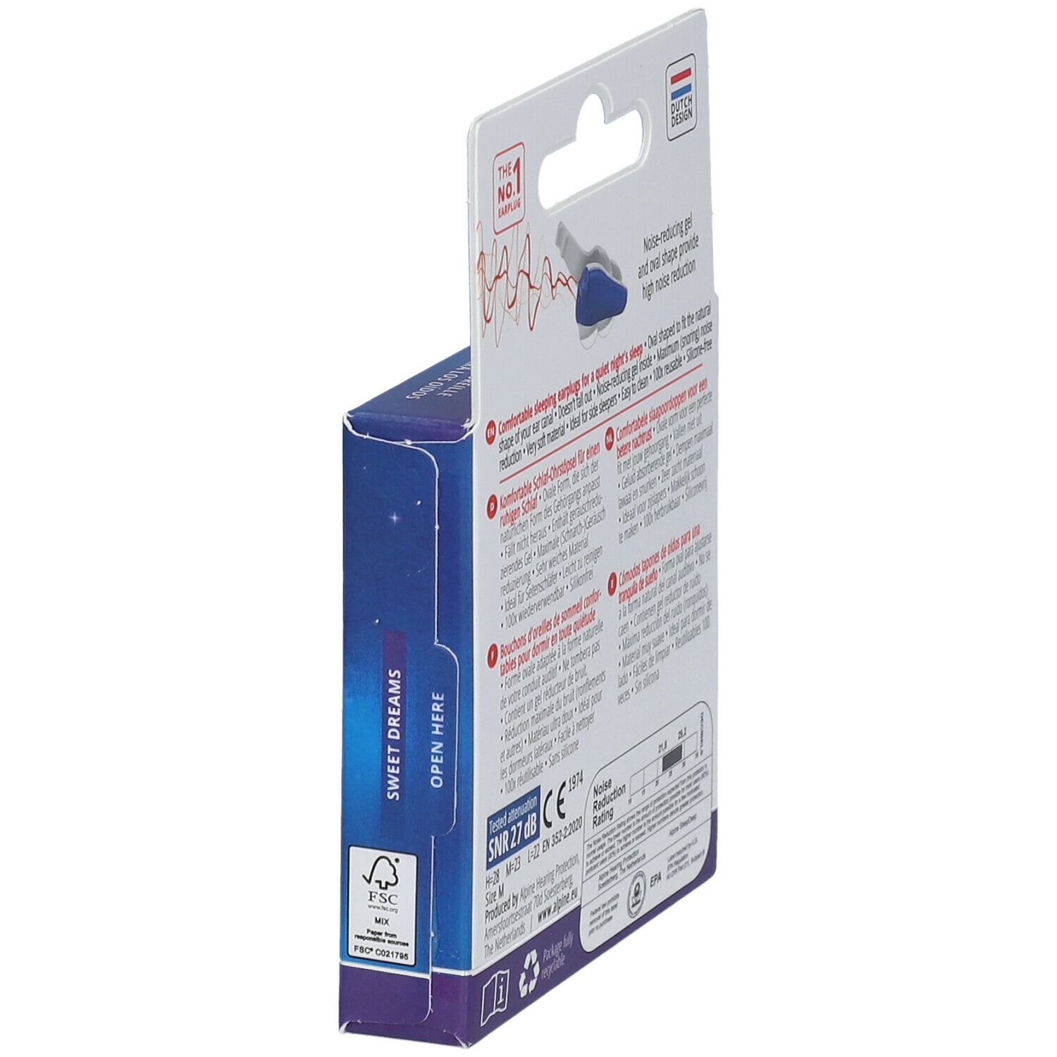 Vue latérale de la boîte Alpine SleepDeep. Texte multilingue. Informations sur les bouchons d'oreille et certifications.
