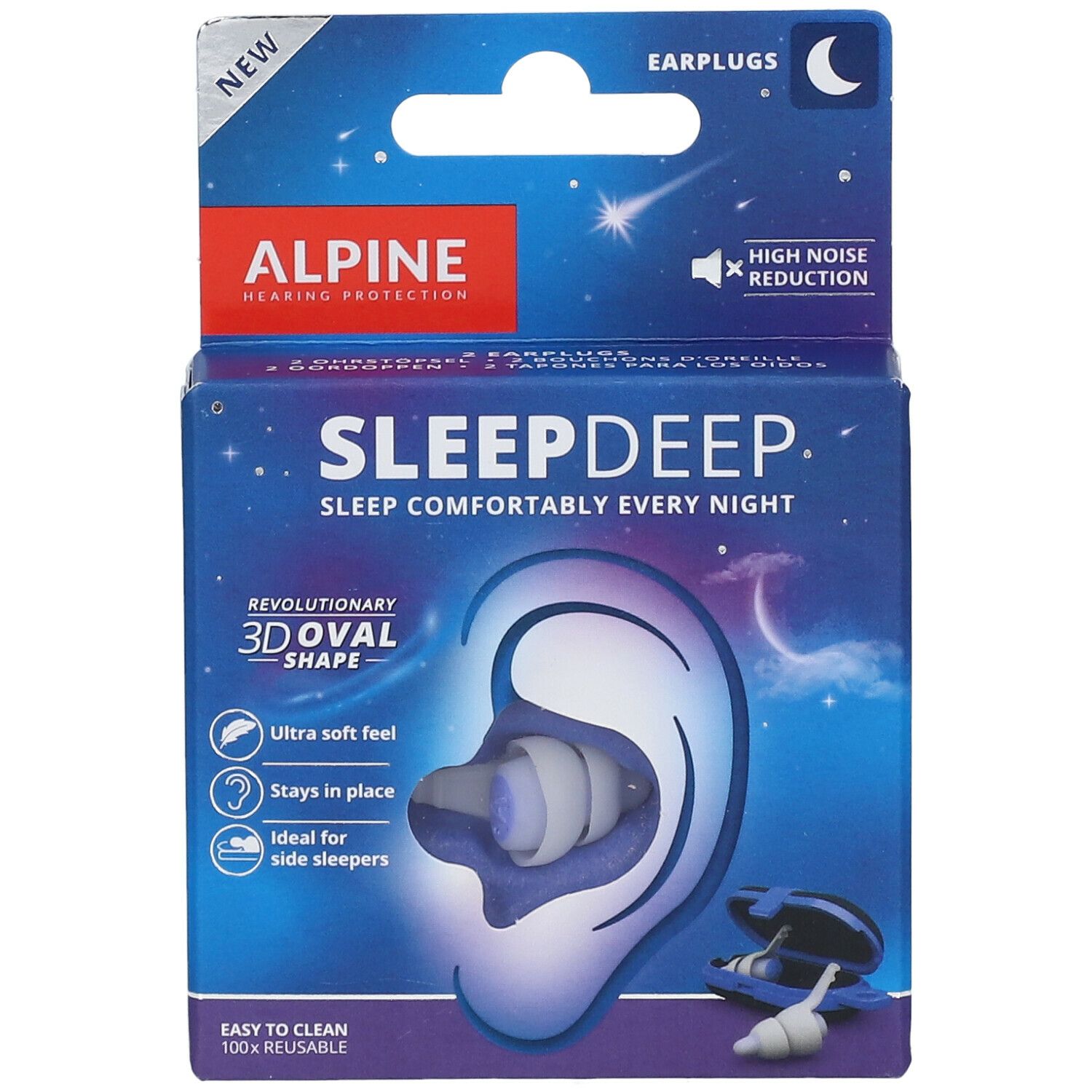 Boîte Alpine SleepDeep. Boîte bleue avec illustration et texte. Contient bouchons d'oreille et étui de voyage.
