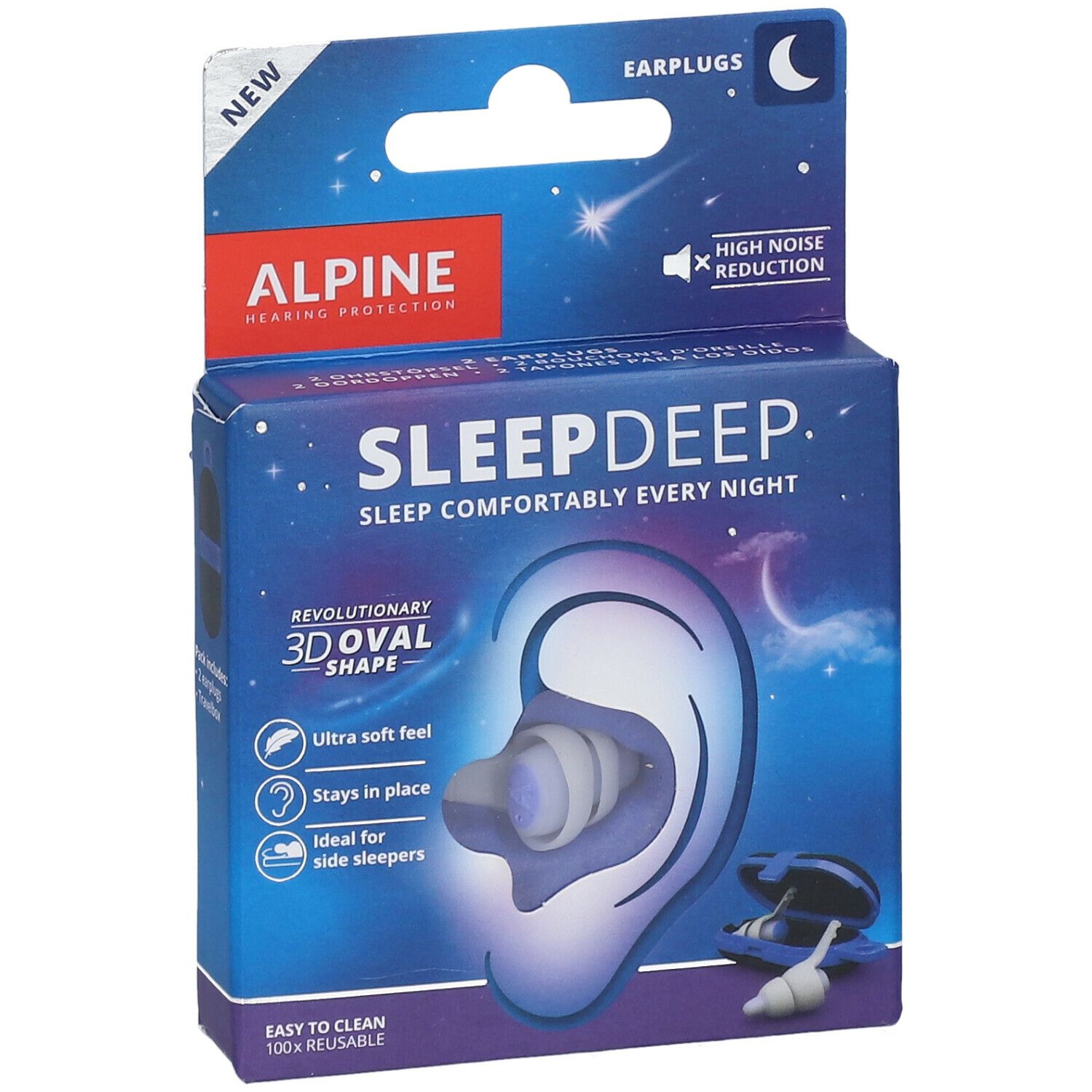 Boîte Alpine SleepDeep. Boîte bleue avec illustration et texte. Contient bouchons d'oreille et étui de voyage.