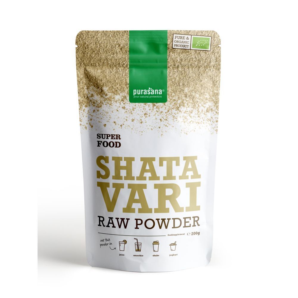 Sachet de poudre de Shatavari. Inscription: Shatavari Raw Powder. Label bio.
