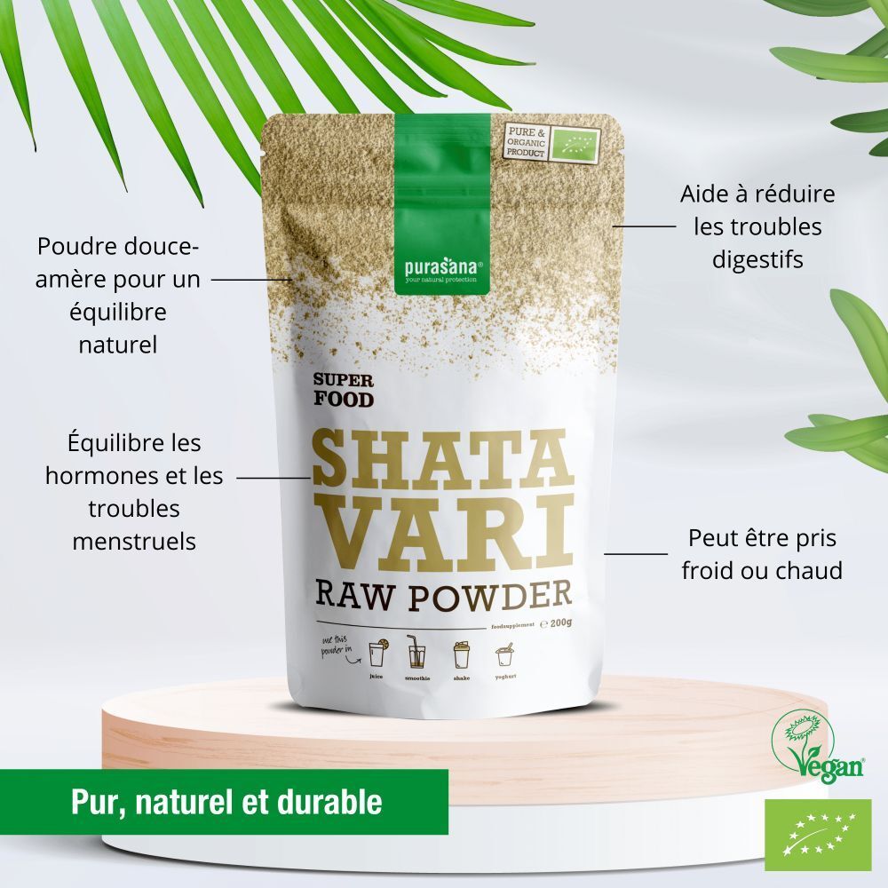 Sachet de poudre de Shatavari sur socle. Texte: Shatavari Raw Powder. Label vegan. Indications des bienfaits.
