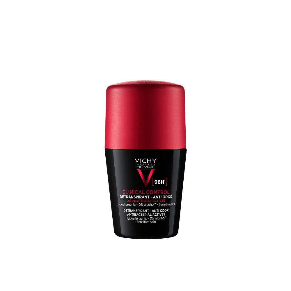 Zwarte roll-on met rode dop. Opschrift: VICHY, CLINICAL CONTROL, 96H. Productinformatie op het etiket.