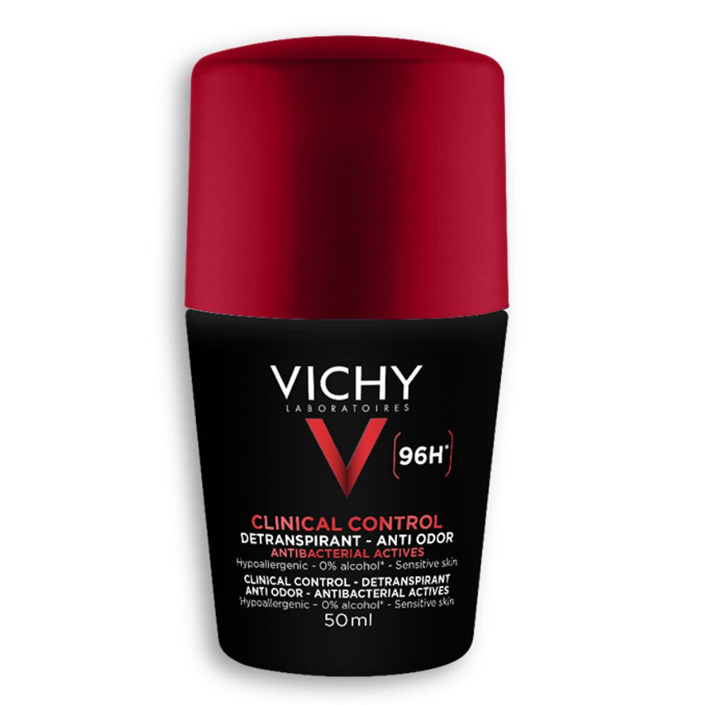 Zwarte roll-on met rode dop. Opschrift: VICHY, CLINICAL CONTROL, 96H. Bevat informatie over ingrediënten.