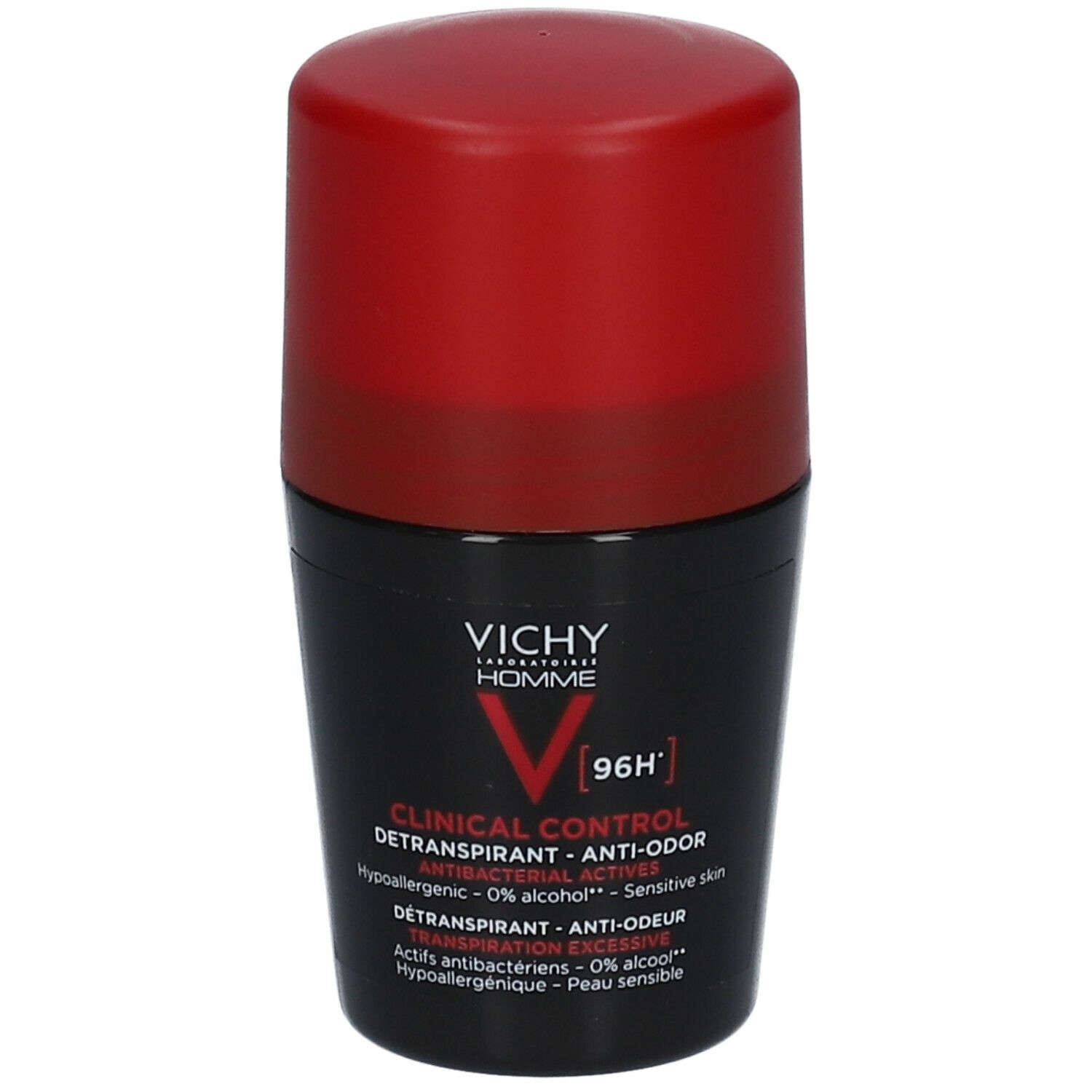 Roll-on deodorant met rode dop. Opschrift: VICHY, CLINICAL CONTROL, 96H. Productinformatie op het etiket.