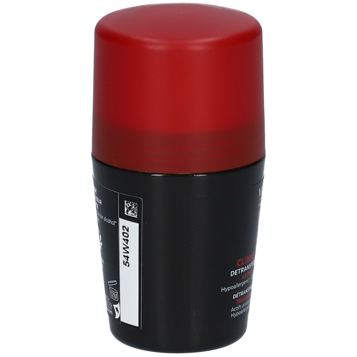 Roll-on deodorant met rode dop. Opschrift: VICHY, CLINICAL CONTROL, 96H. Productinformatie op het etiket.