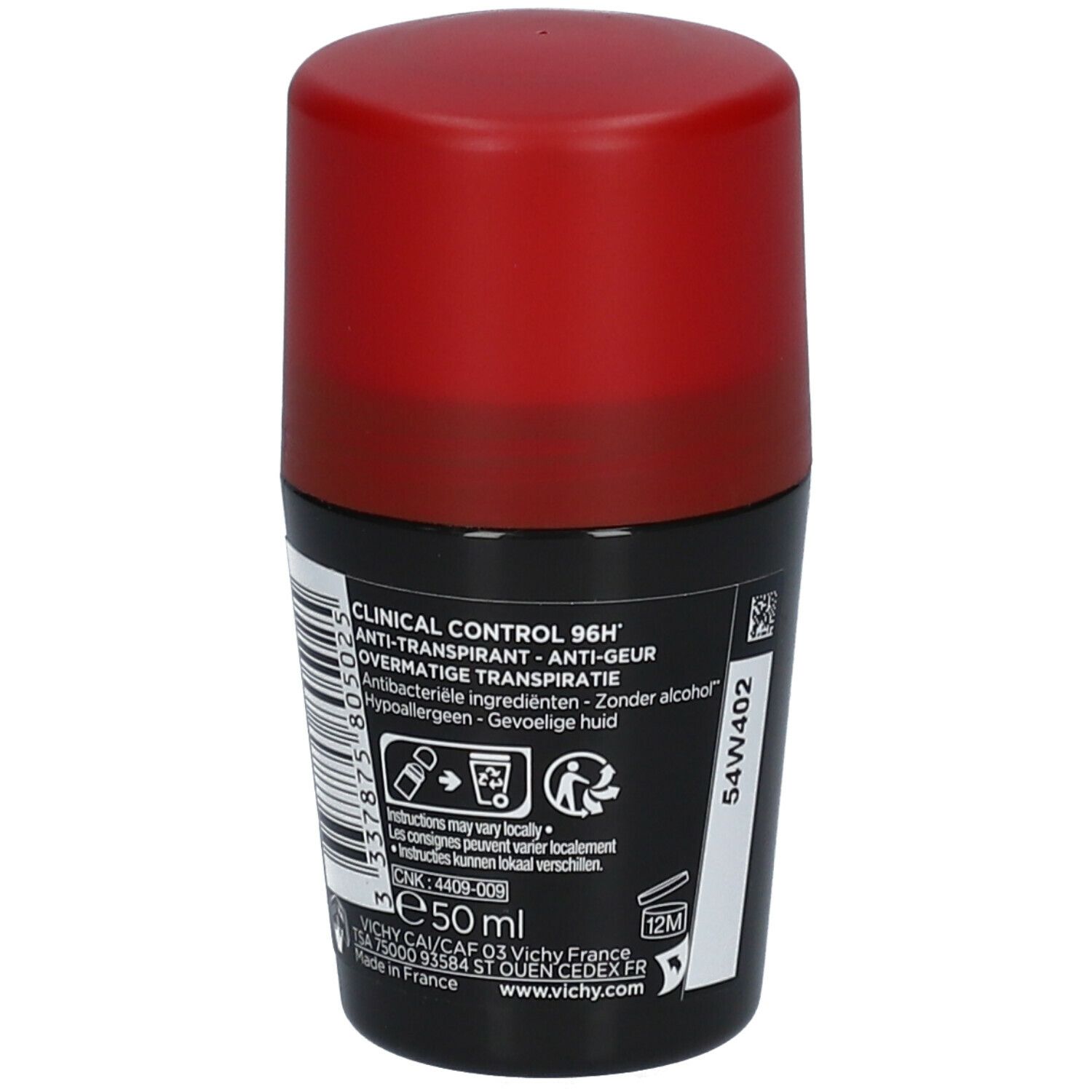 Roll-on deodorant met rode dop. Opschrift: VICHY, CLINICAL CONTROL, 96H. Productinformatie op het etiket.