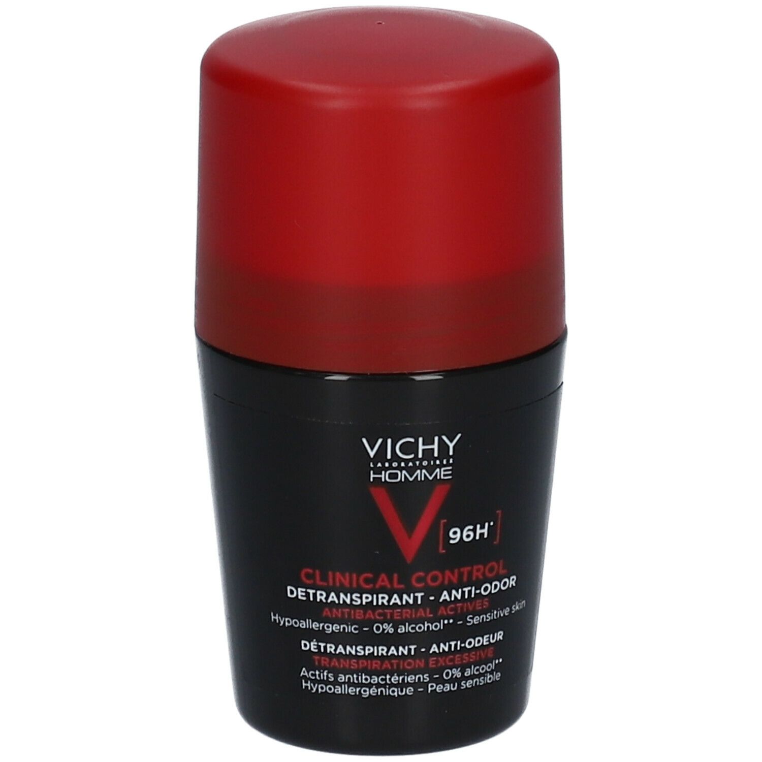 Roll-on deodorant met rode dop. Opschrift: VICHY, CLINICAL CONTROL, 96H. Productinformatie op het etiket.