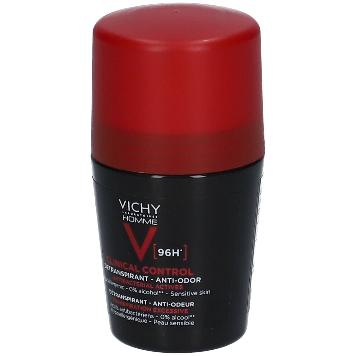 Roll-on deodorant met rode dop. Opschrift: VICHY, CLINICAL CONTROL, 96H. Productinformatie op het etiket.