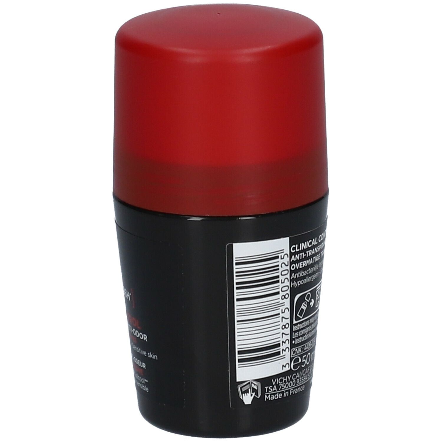 Roll-on deodorant met rode dop. Opschrift: VICHY, CLINICAL CONTROL, 96H. Productinformatie op het etiket.