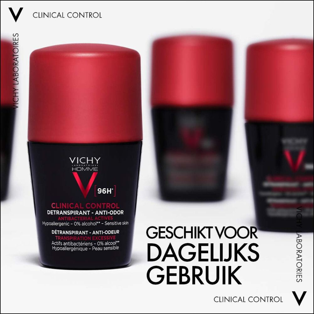 Tekst: Geschikt voor dagelijks gebruik. Drie roll-on deodorants met rode dop.