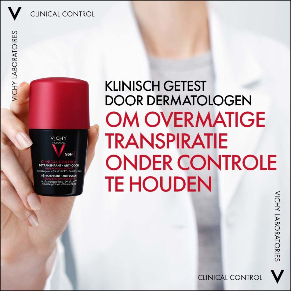 Tekst: Klinisch getest door dermatologen om overmatige transpiratie onder controle te houden. Roll-on deodorant.