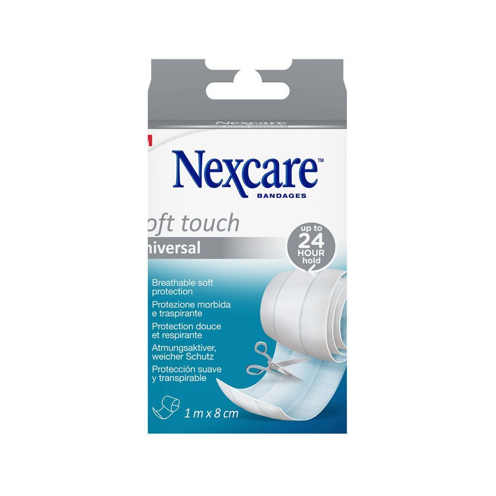 Nexcare Soft Touch Universal-Bandage. Boîte avec rouleau de bandage. Dimensions : 1 m x 8 cm. Inscription : jusqu'à 24 heures de maintien.