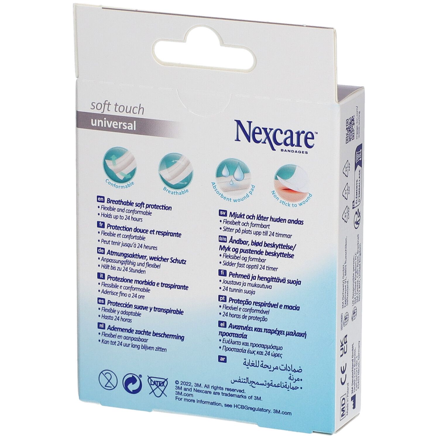 Rückseite der Nexcare Soft Touch Universal-Bandage-Verpackung. Produktmerkmale in mehreren Sprachen.