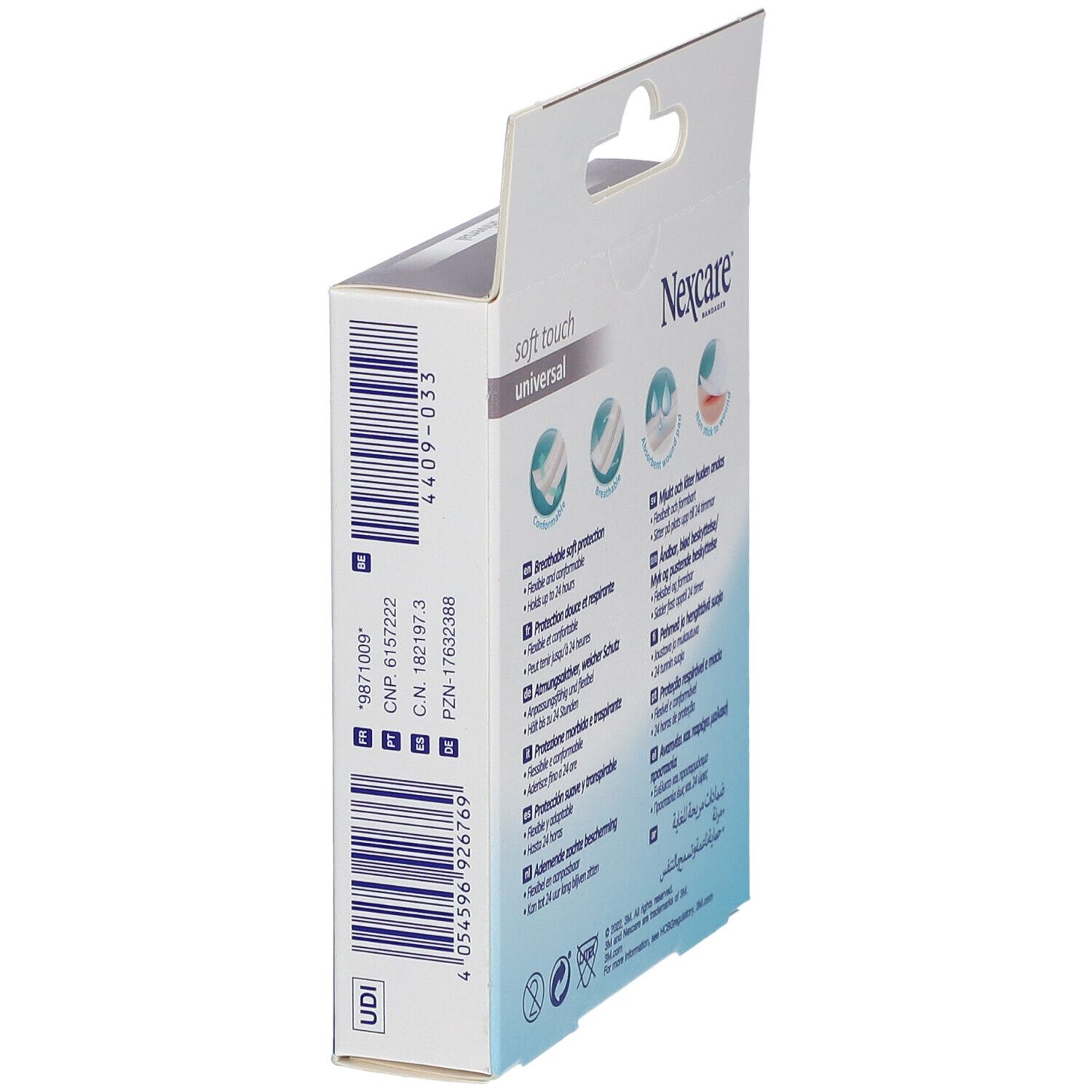 Seite der Nexcare Soft Touch Universal-Bandage-Verpackung. Barcode und Produktinformationen.