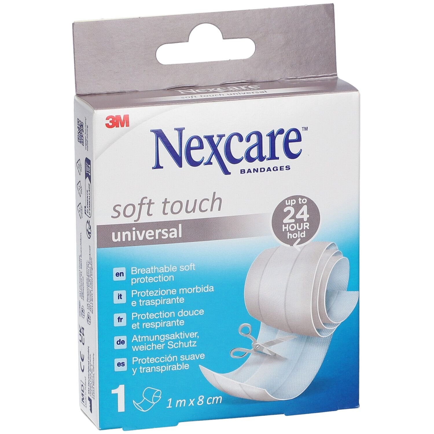 Nexcare Soft Touch Universal-Bandage. Verpackung mit Rolle. 1 m x 8 cm. 24 Stunden Halt.