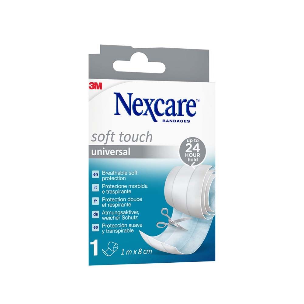 Nexcare Soft Touch Universal-Bandage. Weiße Rolle in Verpackung. 1 m x 8 cm. 3M-Logo. Bis zu 24 Stunden Halt.