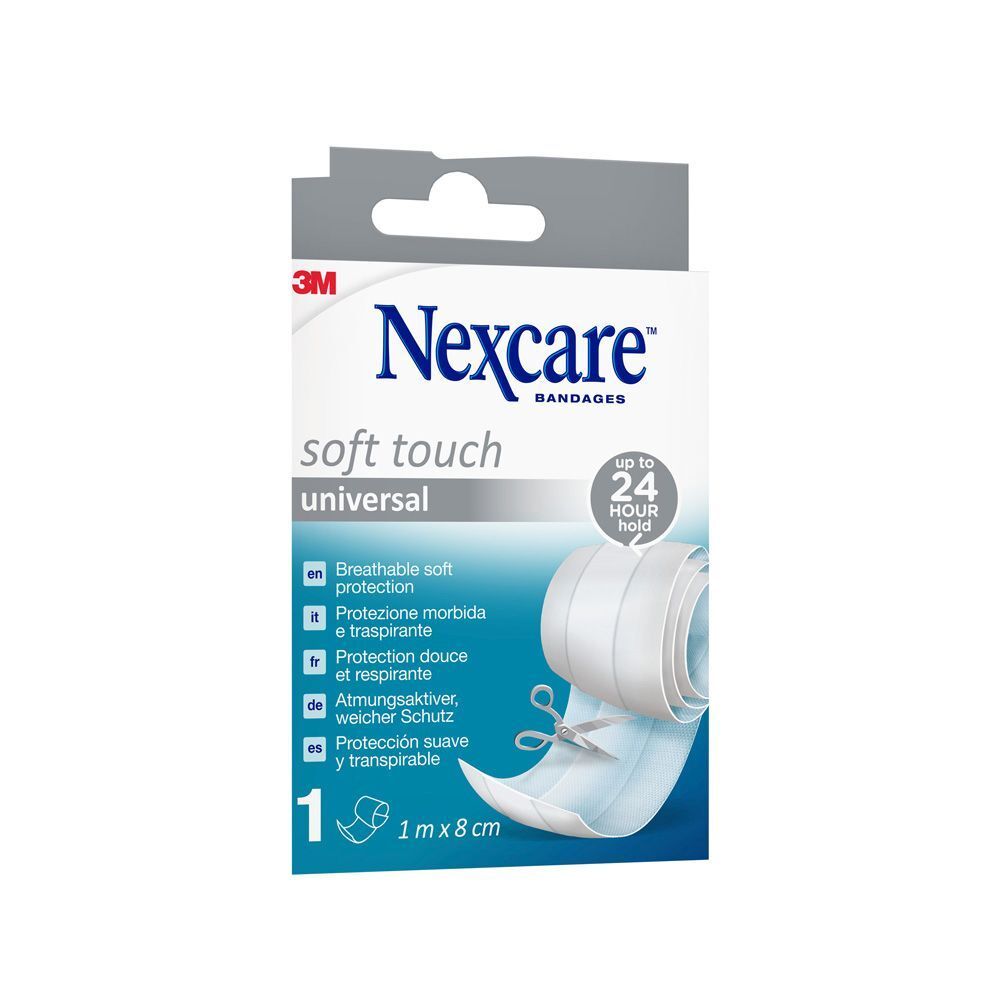 Dos de la boîte de bandage Nexcare Soft Touch Universal. Informations produit multilingues. Dimensions : 1 m x 8 cm.