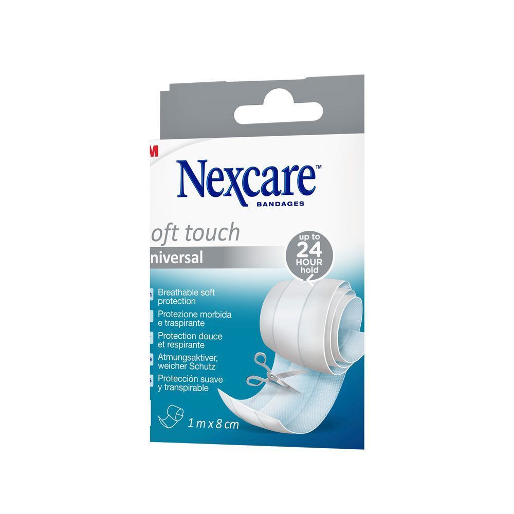 Nexcare Soft Touch Universal-Bandage. Boîte avec rouleau de bandage. Dimensions : 1 m x 8 cm. Inscription : jusqu'à 24 heures de maintien.