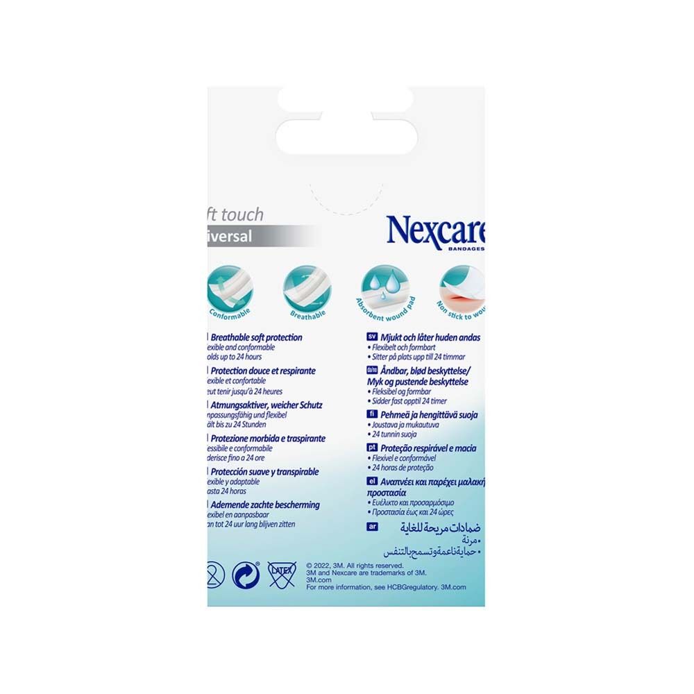 Nexcare Soft Touch Universal-Bandage. Weiße Rolle in Verpackung. 1 m x 8 cm. 3M-Logo. Bis zu 24 Stunden Halt.