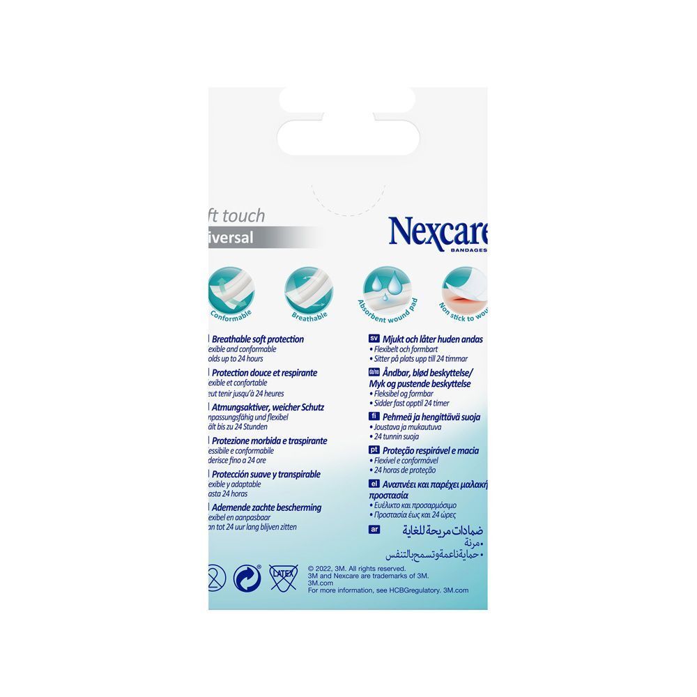 Dos de la boîte de bandage Nexcare Soft Touch Universal. Informations produit multilingues. Dimensions : 1 m x 8 cm.