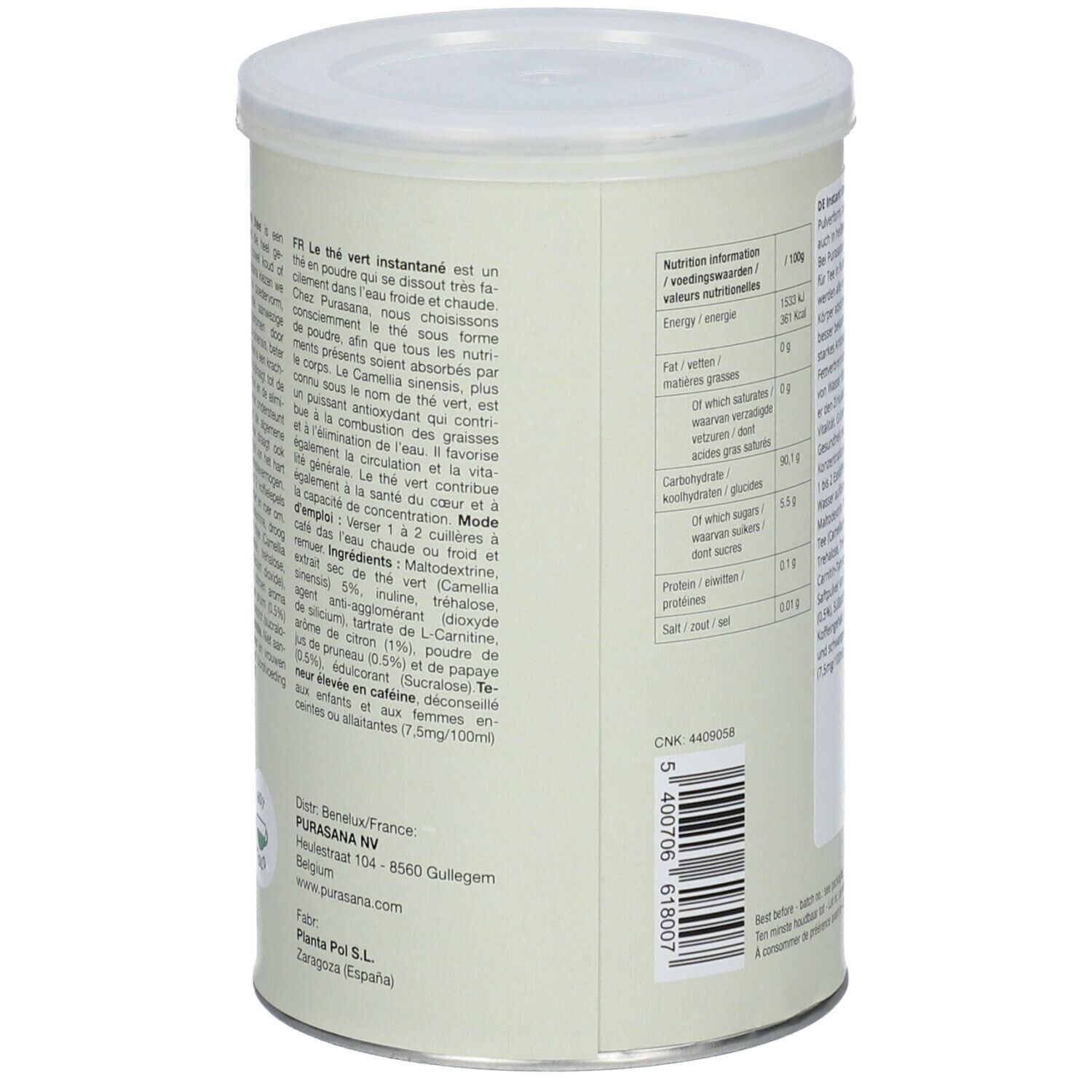 Côté de la boîte avec texte en français et informations nutritionnelles. Informations du fabricant.