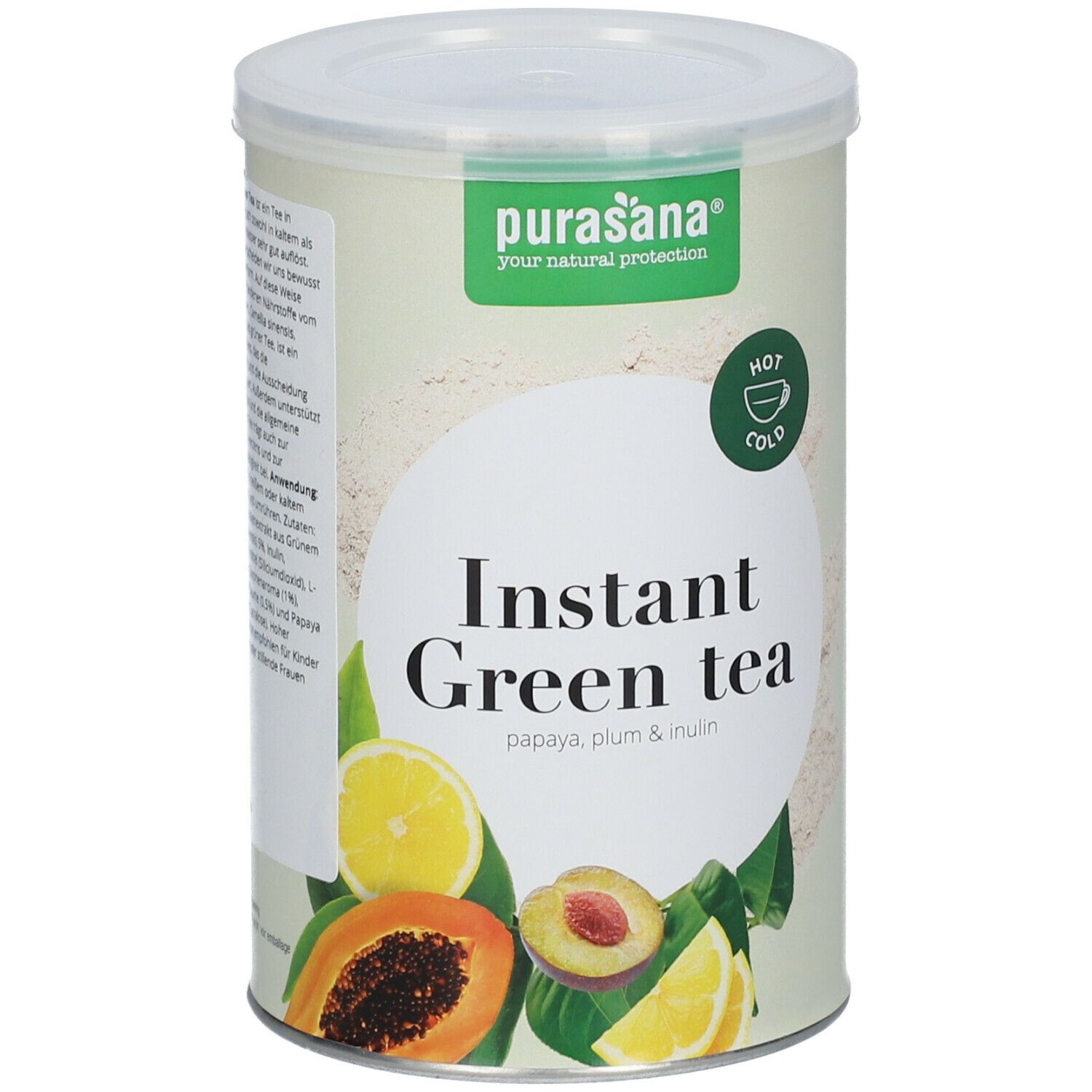 Thé vert instantané en boîte. Inscription: Instant Green Tea, Papaye, prune, inuline. Illustration de fruits.
