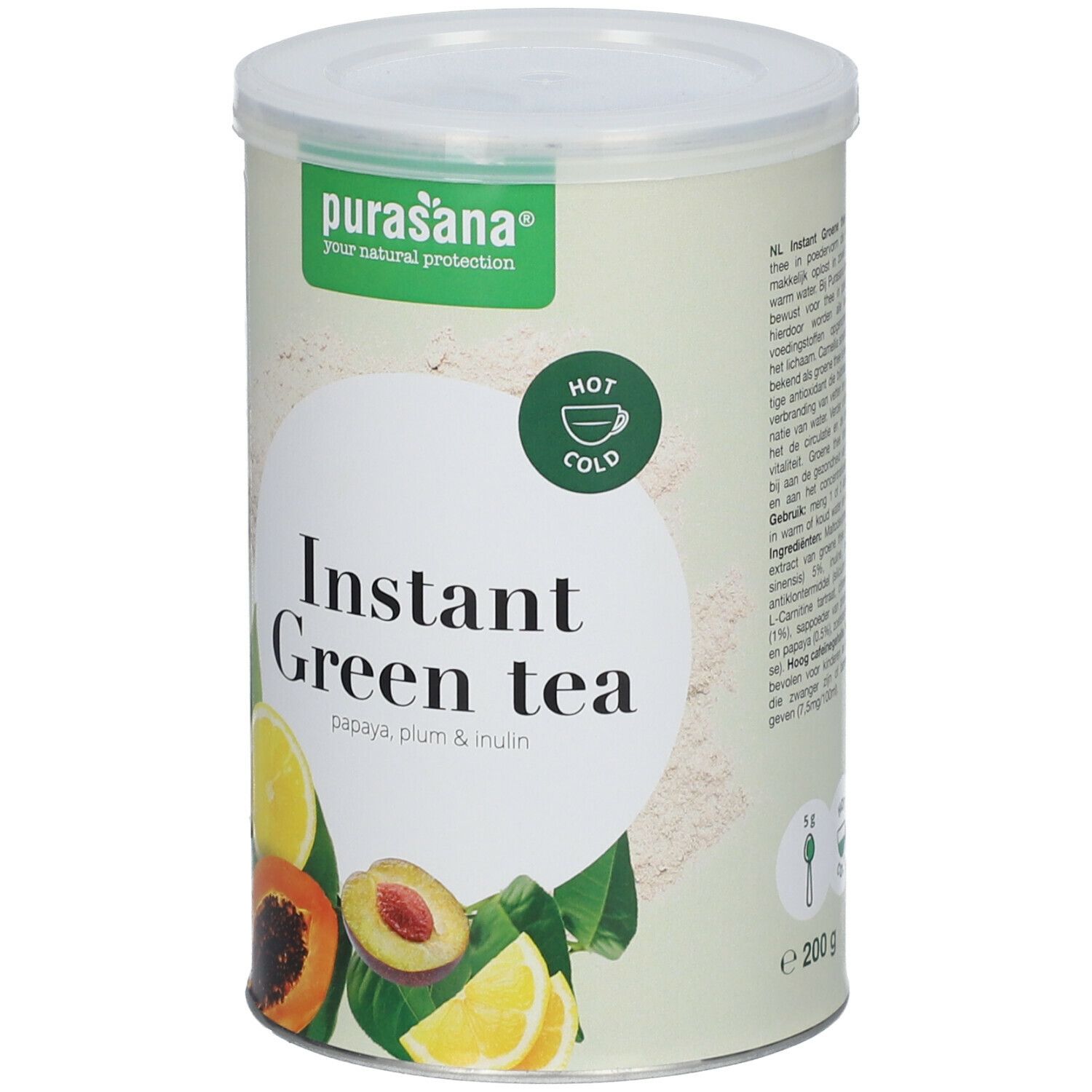Thé vert instantané en boîte. Inscription: Instant Green Tea, Papaye, prune, inuline. 200g. Illustration de fruits.